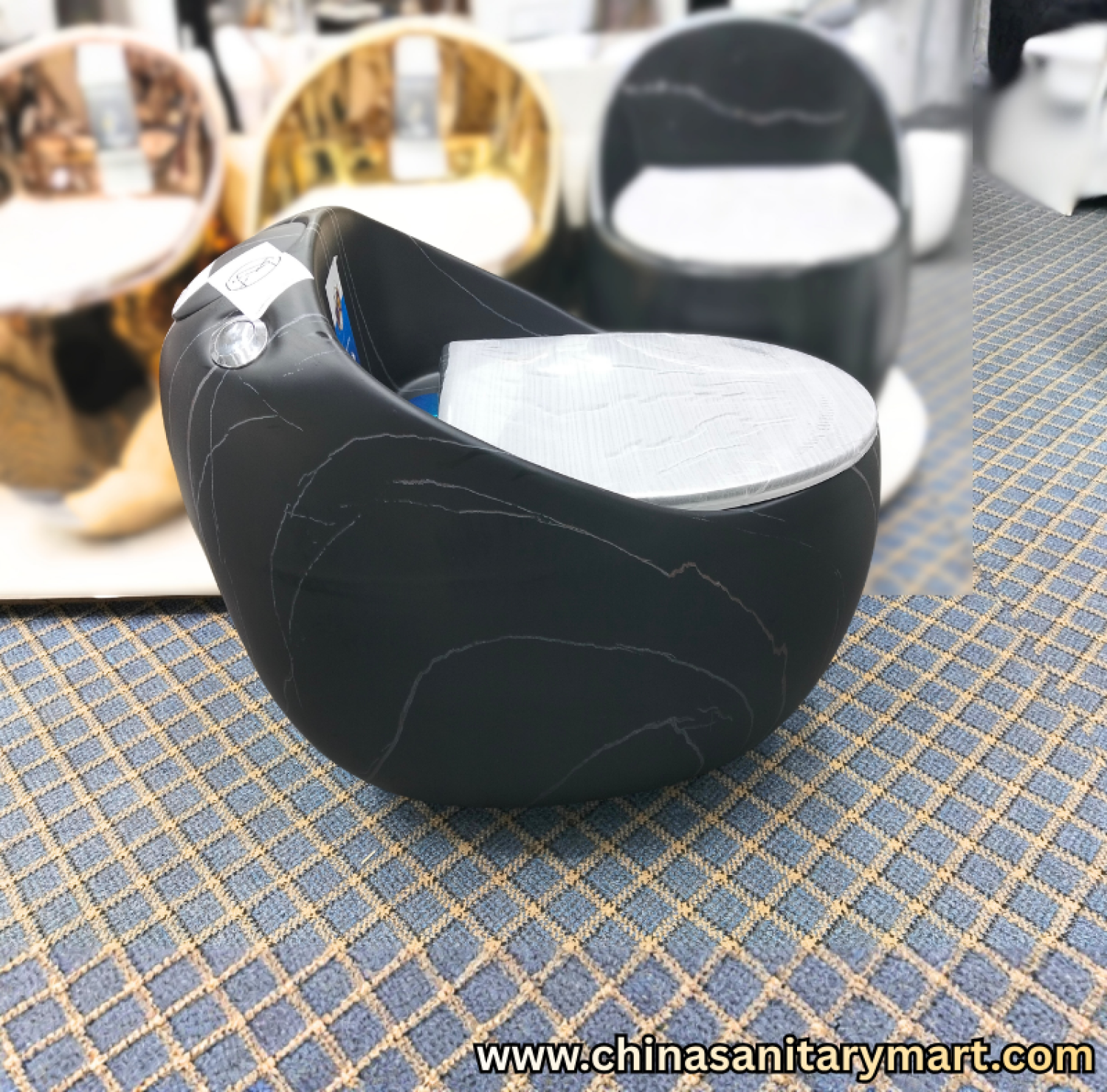 ST-5566-D4 Black Marble Commode, black marble ceramic toilet, egg shape one piece commode, luxury black toilet, matte black bathroom commode, soft close UF seat, premium ceramic toilet, modern bathroom commode, China Sanitary Mart, Bangladesh