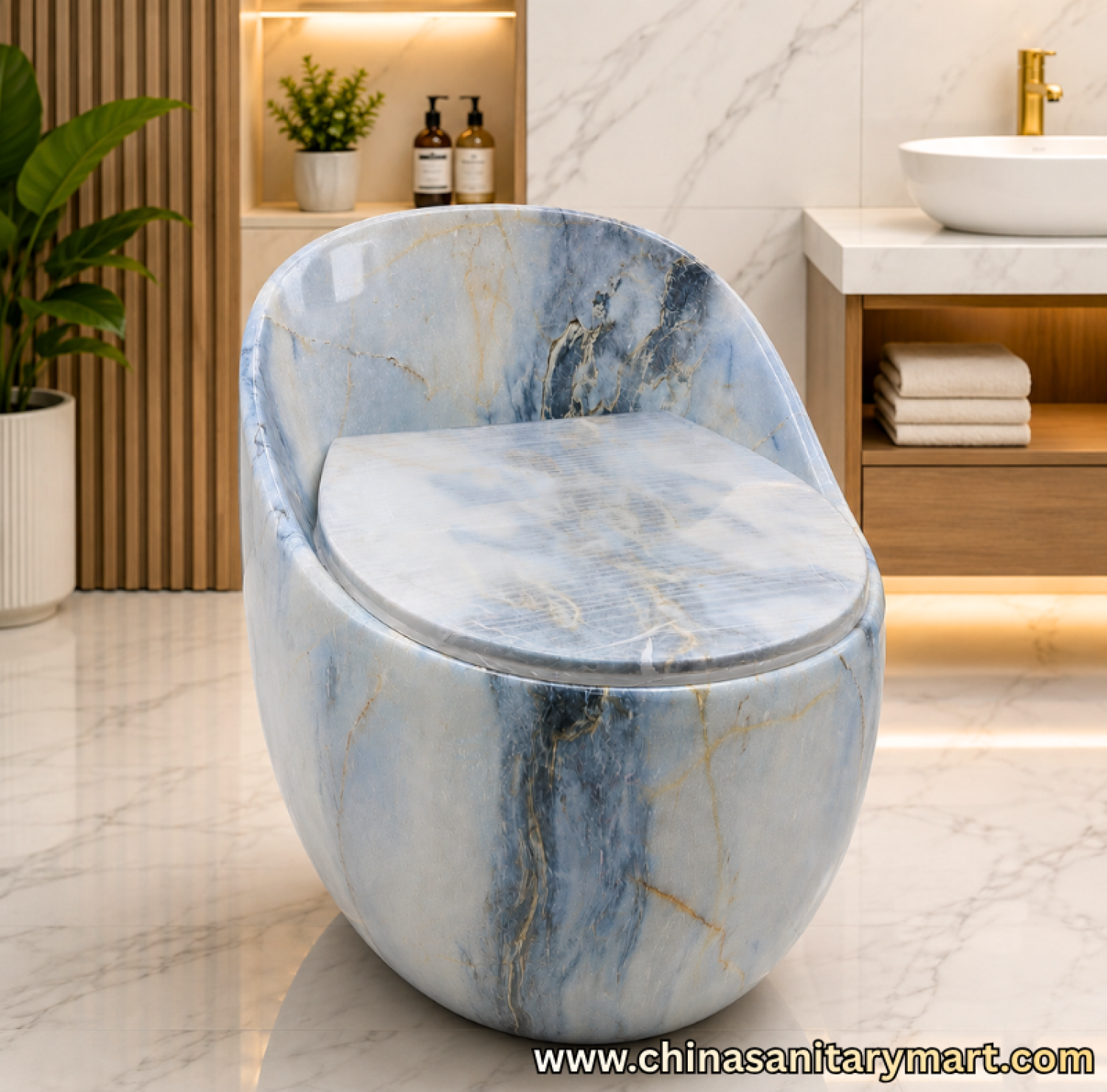 ST-5566-D6 White Blue Marble Commode, white blue vines ceramic toilet, egg shape one piece commode, marble finish toilet, luxury bathroom commode, soft close UF seat, premium ceramic toilet, modern commode, China Sanitary Mart, Bangladesh