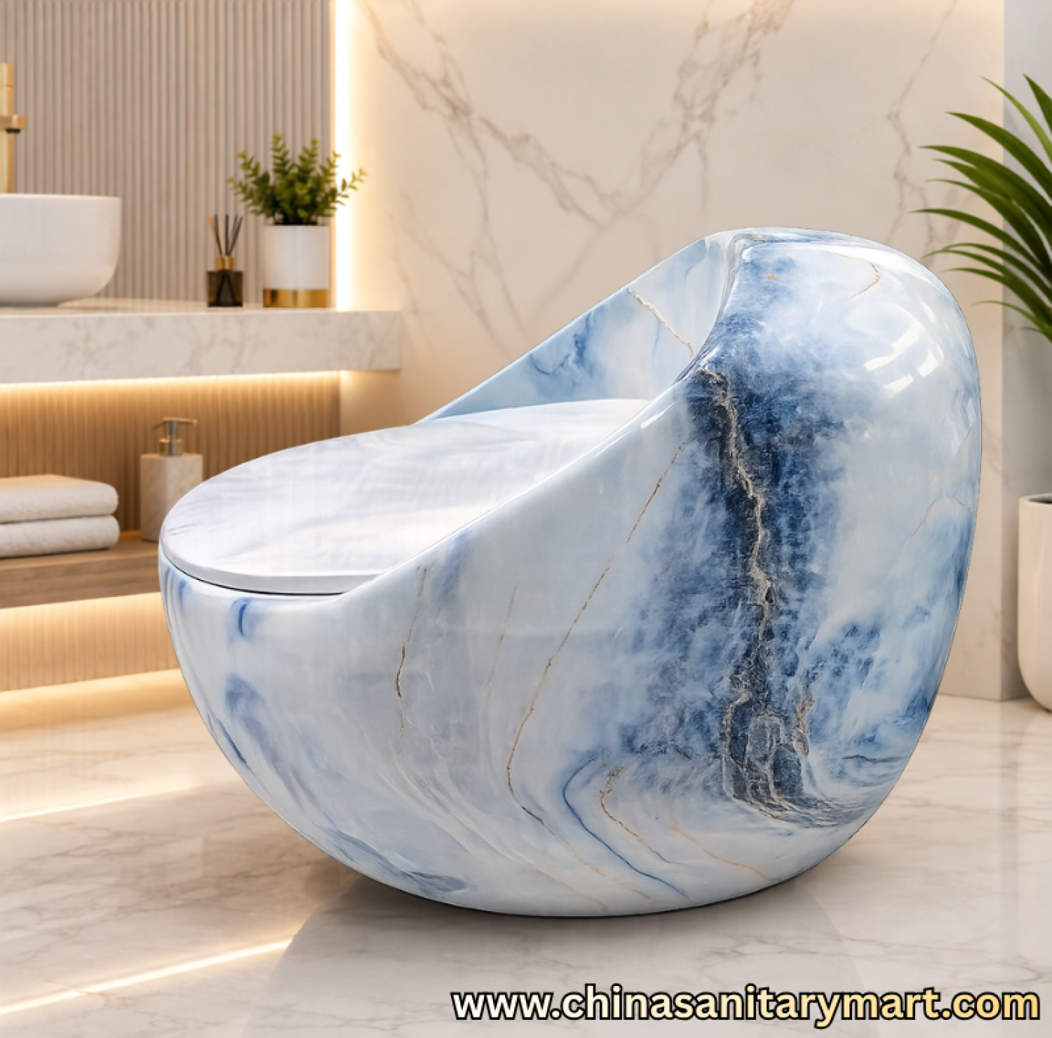 ST-5566-D6 White Blue Marble Commode, white blue vines ceramic toilet, egg shape one piece commode, marble finish toilet, luxury bathroom commode, soft close UF seat, premium ceramic toilet, modern commode, China Sanitary Mart, Bangladesh