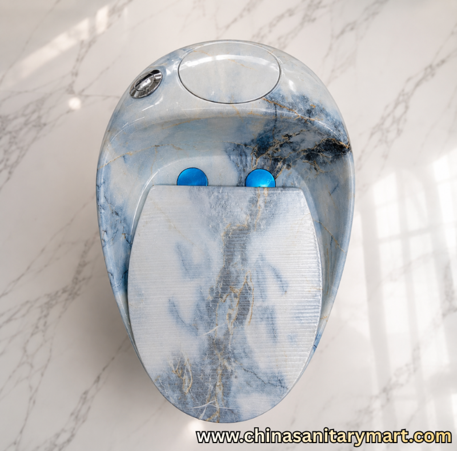 ST-5566-D6 White Blue Marble Commode, white blue vines ceramic toilet, egg shape one piece commode, marble finish toilet, luxury bathroom commode, soft close UF seat, premium ceramic toilet, modern commode, China Sanitary Mart, Bangladesh