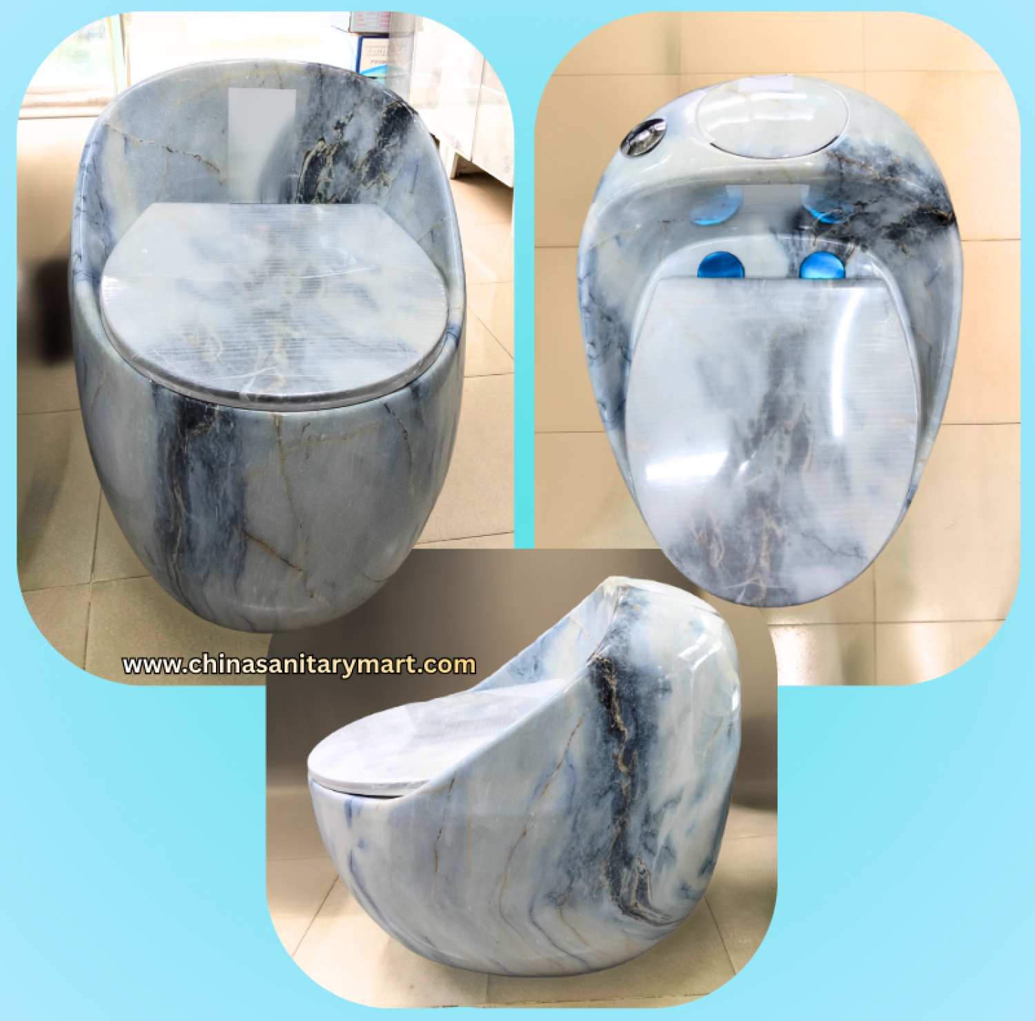 ST-5566-D6 White Blue Marble Commode, white blue vines ceramic toilet, egg shape one piece commode, marble finish toilet, luxury bathroom commode, soft close UF seat, premium ceramic toilet, modern commode, China Sanitary Mart, Bangladesh