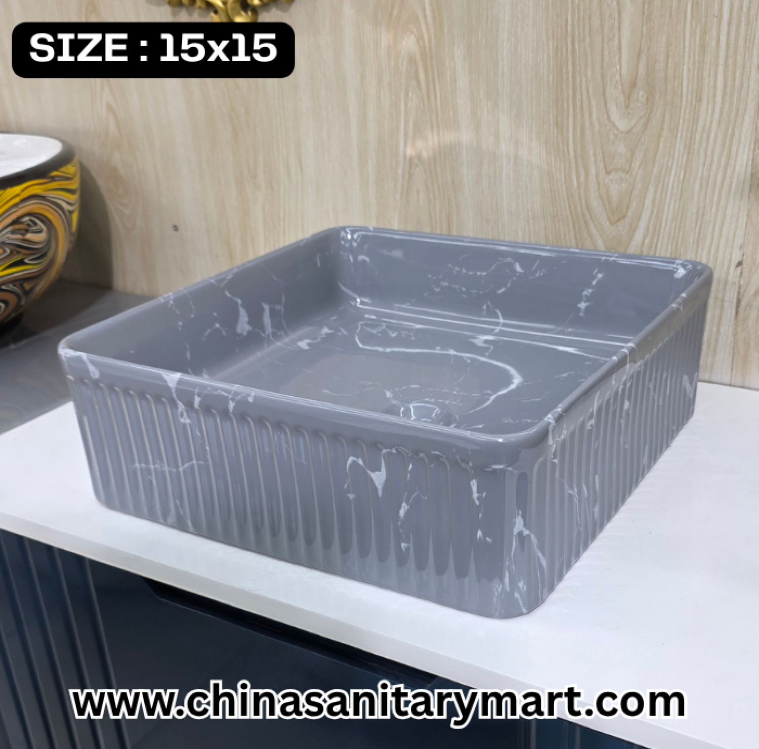 Grey Marble Basin, 15x15 Top Basin, Striped Pattern Basin, Bathroom Sink, China Sanitary Mart, লাক্সারি বেসিন, মিরপুর স্যানিটারি শপ, বাথরুমের বেসিন ডিজাইন।