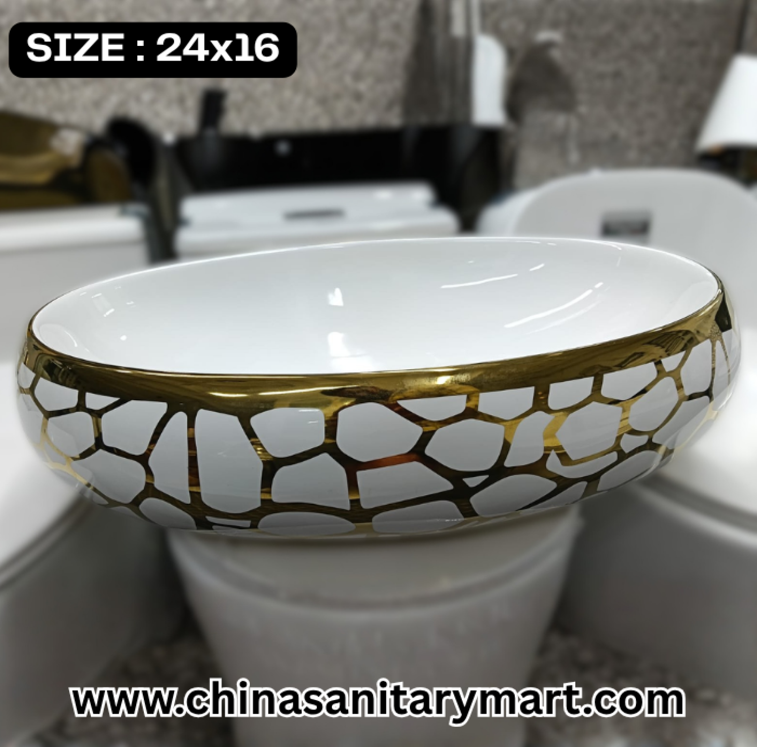 White egg shape basin, 24x16 vessel , golden bubble pattern , luxury white art basin, designer bathroom , modern vanity washbasin, decorative gold , elegant ceramic vessel basin, bathroom decor, contemporary bathroom fixtures.
