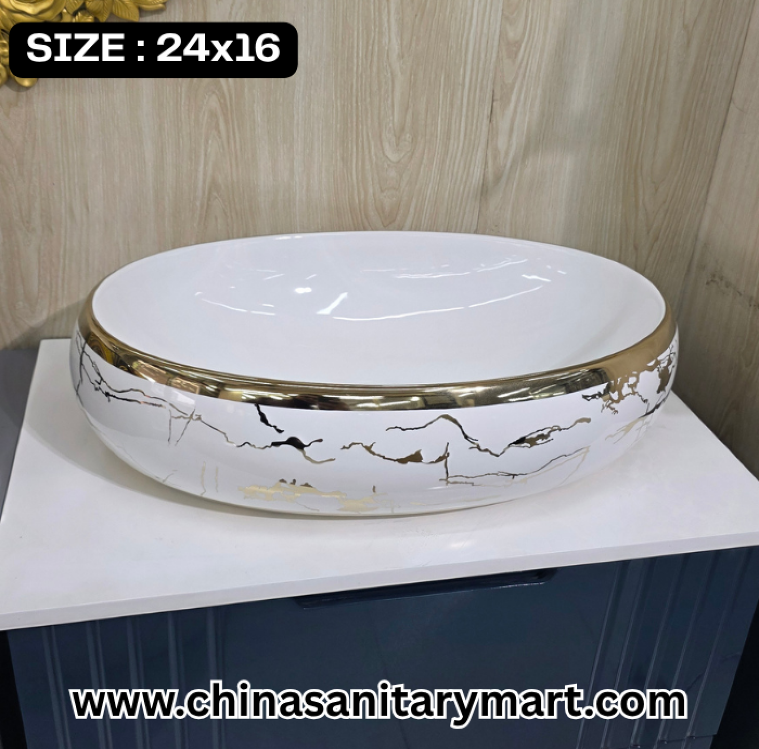 White egg shape basin, 24x16 vessel basin, gold pattern ceramic basin, luxury art basin, modern bathroom washbasin, designer vanity basin, elegant white basin, high-end vessel basin, bathroom decor, contemporary bathroom fixtures.