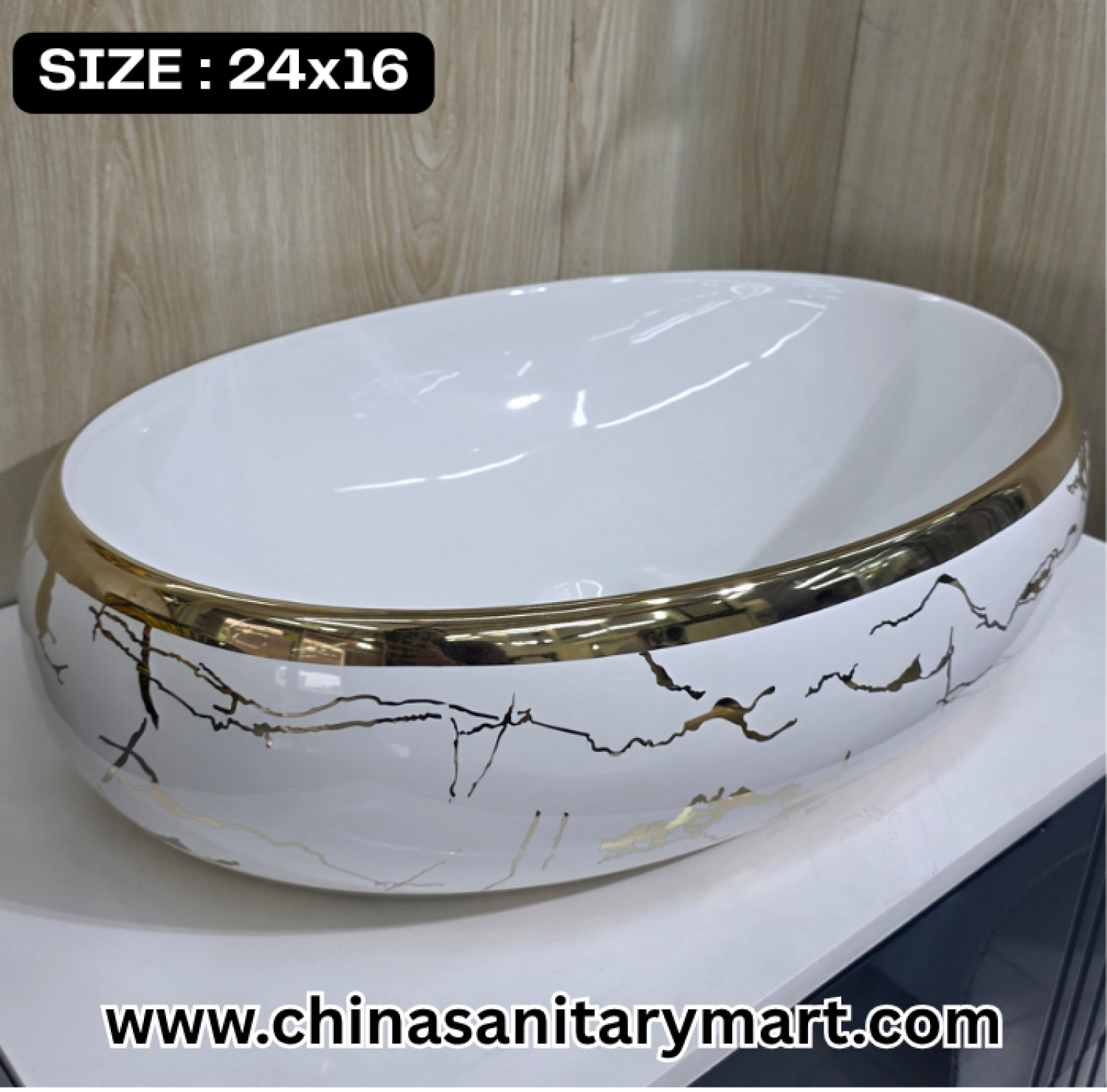 White egg shape basin, 24x16 vessel basin, gold pattern ceramic basin, luxury art basin, modern bathroom washbasin, designer vanity basin, elegant white basin, high-end vessel basin, bathroom decor, contemporary bathroom fixtures.