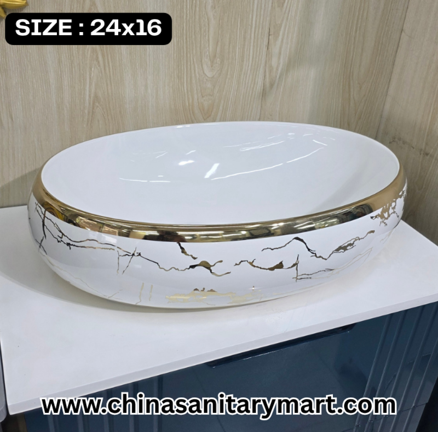 White egg shape basin, 24x16 vessel basin, gold pattern ceramic basin, luxury art basin, modern bathroom washbasin, designer vanity basin, elegant white basin, high-end vessel basin, bathroom decor, contemporary bathroom fixtures.