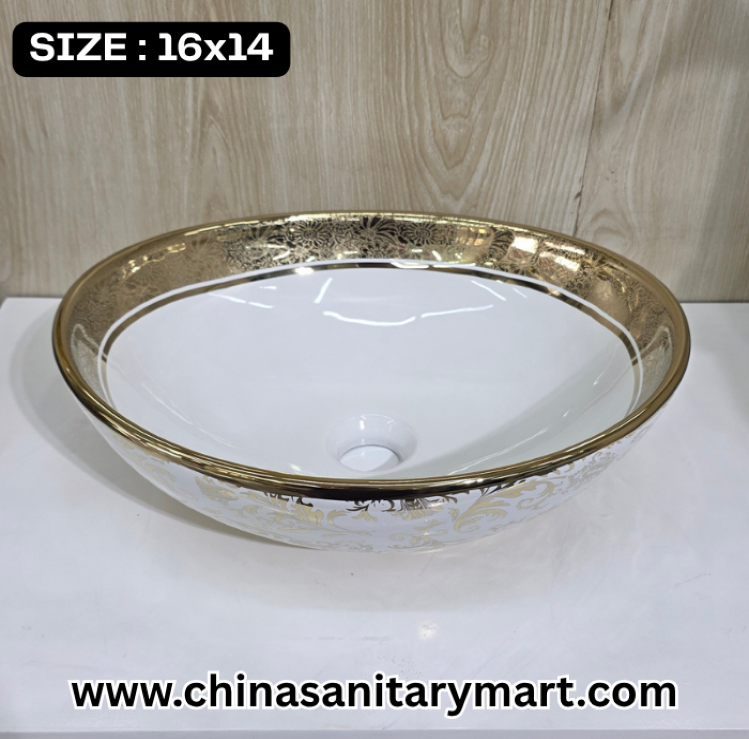 Upgrade to luxury with our 16x14 White Deep Boat Shape Art Basin. Featuring an elegant golden leaf pattern, this designer vessel basin adds grace and style to any vanity.