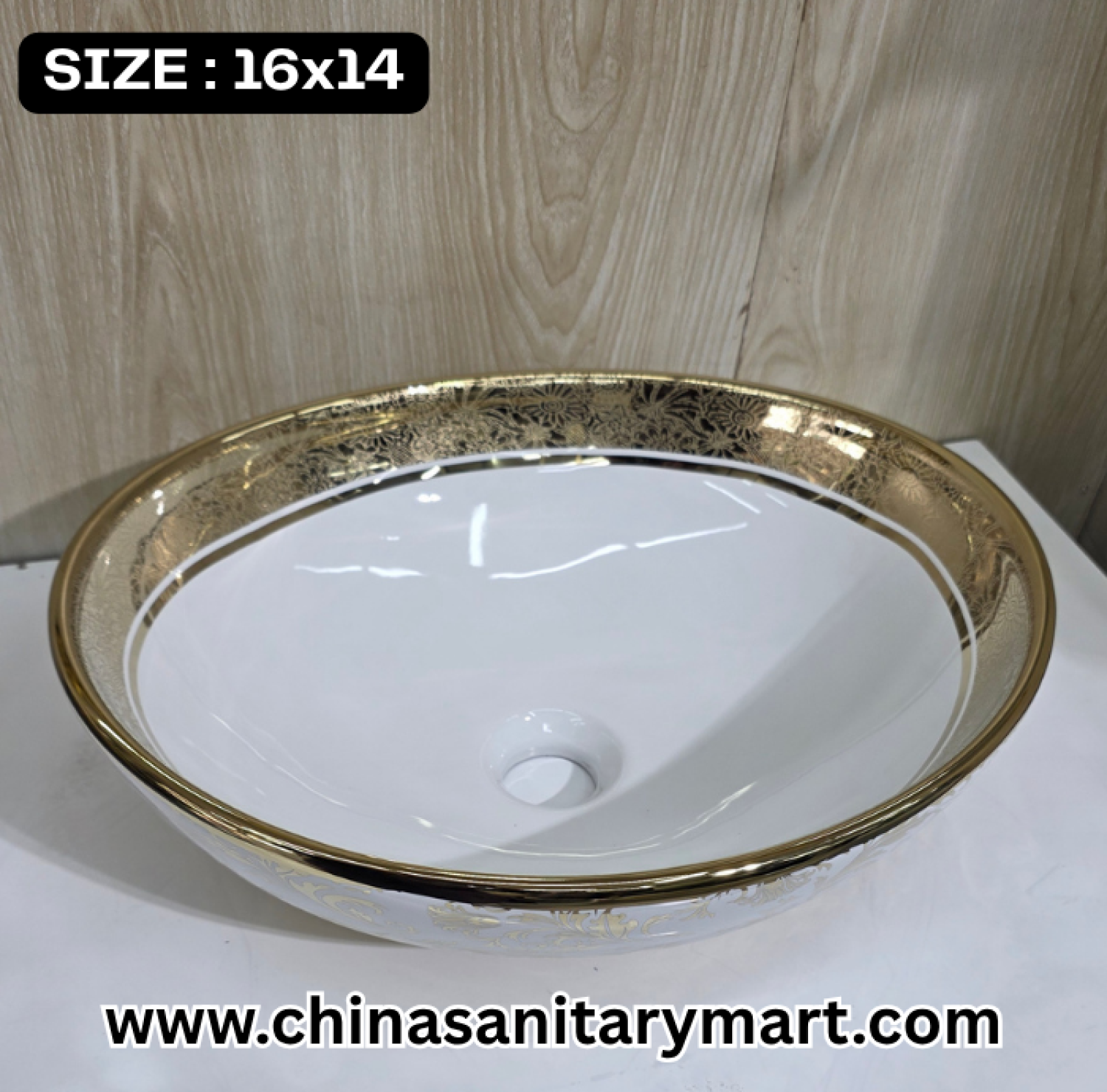 Upgrade to luxury with our 16x14 White Deep Boat Shape Art Basin. Featuring an elegant golden leaf pattern, this designer vessel basin adds grace and style to any vanity.