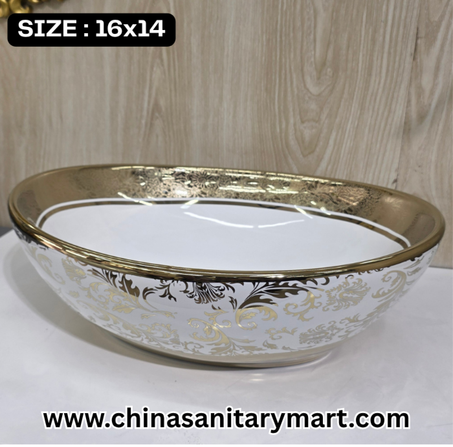 Upgrade to luxury with our 16x14 White Deep Boat Shape Art Basin. Featuring an elegant golden leaf pattern, this designer vessel basin adds grace and style to any vanity.