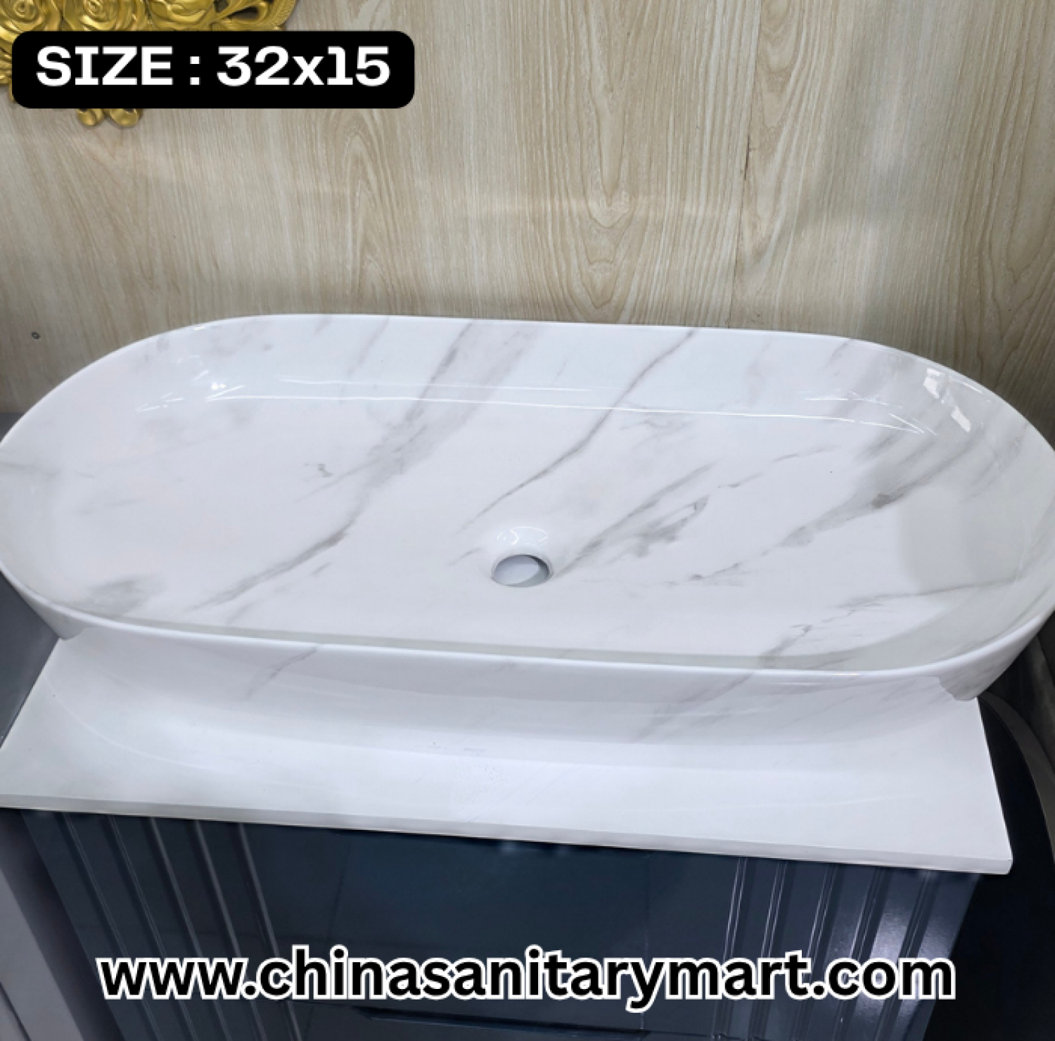 capsule basin, 32x15 vessel basin, modern bathroom basin, grey patterned basin, luxury vanity basin, contemporary washbasin, white stone-look basin, designer bathroom fixture, spacious vessel basin, minimalist vanity design.