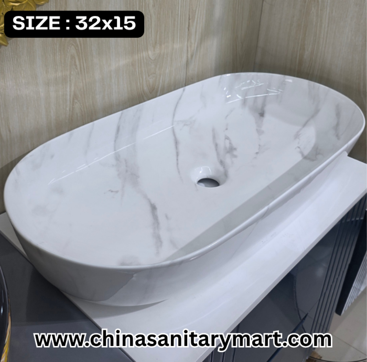 capsule basin, 32x15 vessel basin, modern bathroom basin, grey patterned basin, luxury vanity basin, contemporary washbasin, white stone-look basin, designer bathroom fixture, spacious vessel basin, minimalist vanity design.