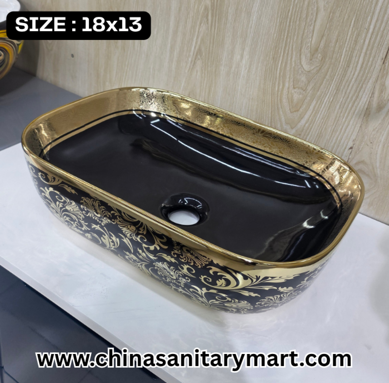 Golden leaf basin, matte black art basin, 18x13 vessel basin, luxury floral bathroom basin, ornate black and gold basin, square shape vanity basin, designer washbasin, premium bathroom art basin, decorative vessel basin, upscale bathroom fixtures.