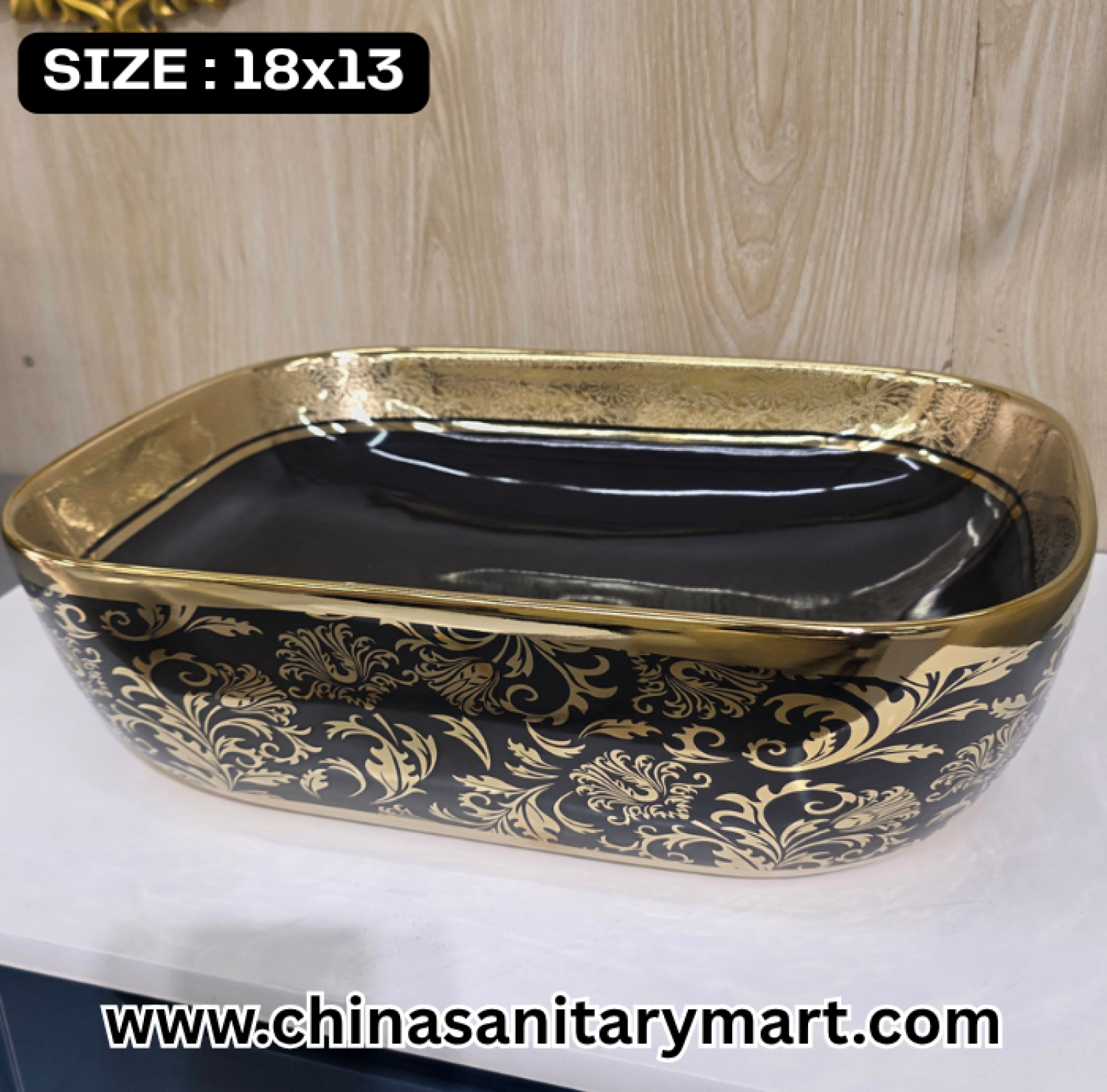 Golden leaf basin, matte black art basin, 18x13 vessel basin, luxury floral bathroom basin, ornate black and gold basin, square shape vanity basin, designer washbasin, premium bathroom art basin, decorative vessel basin, upscale bathroom fixtures.
