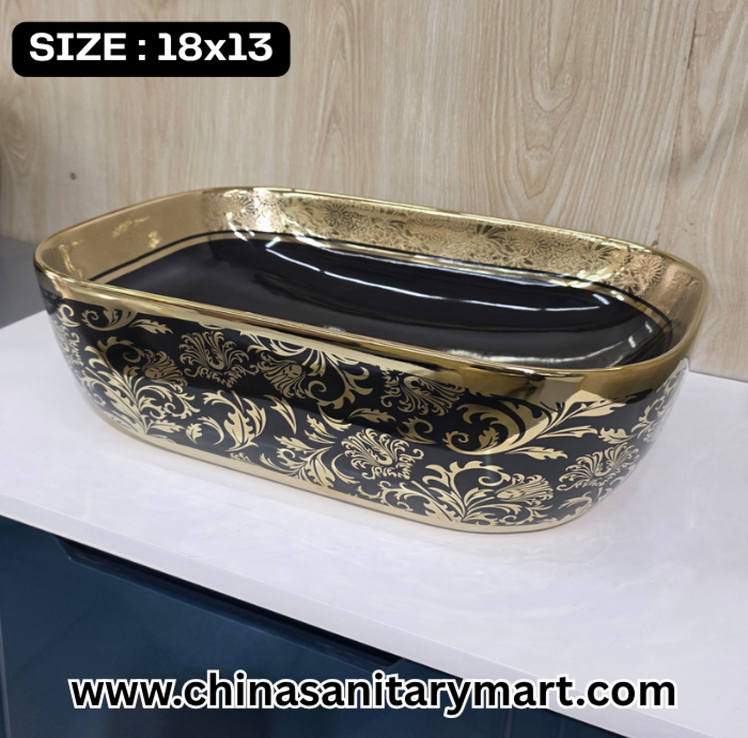 Golden leaf basin, matte black art basin, 18x13 vessel basin, luxury floral bathroom basin, ornate black and gold basin, square shape vanity basin, designer washbasin, premium bathroom art basin, decorative vessel basin, upscale bathroom fixtures.