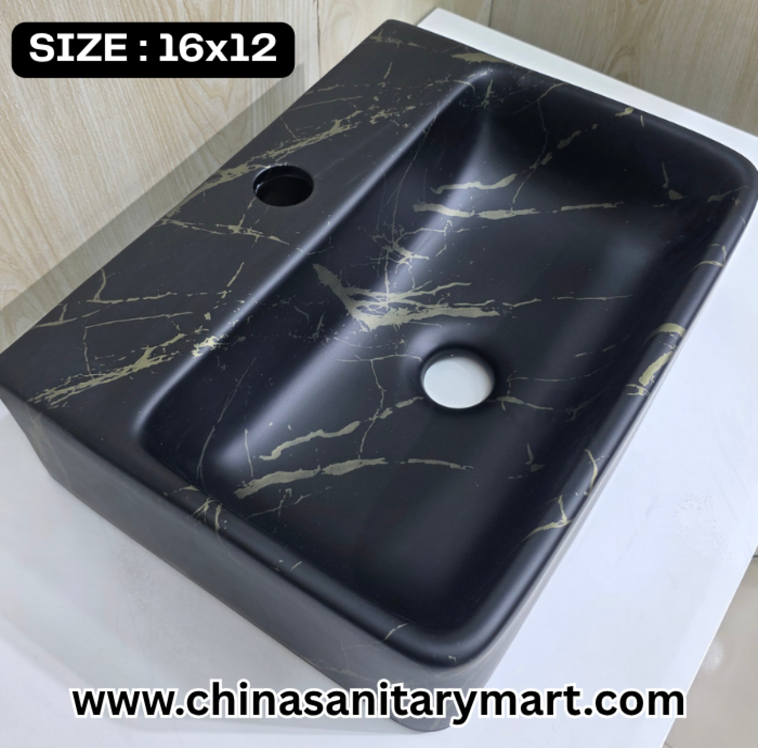 Matte black basin, square art basin, 16x12 vessel basin, black and gold basin, modern vanity washbasin, designer square basin, luxury bathroom fixtures, premium art basin, contemporary vanity top, stylish black bathroom basin.
