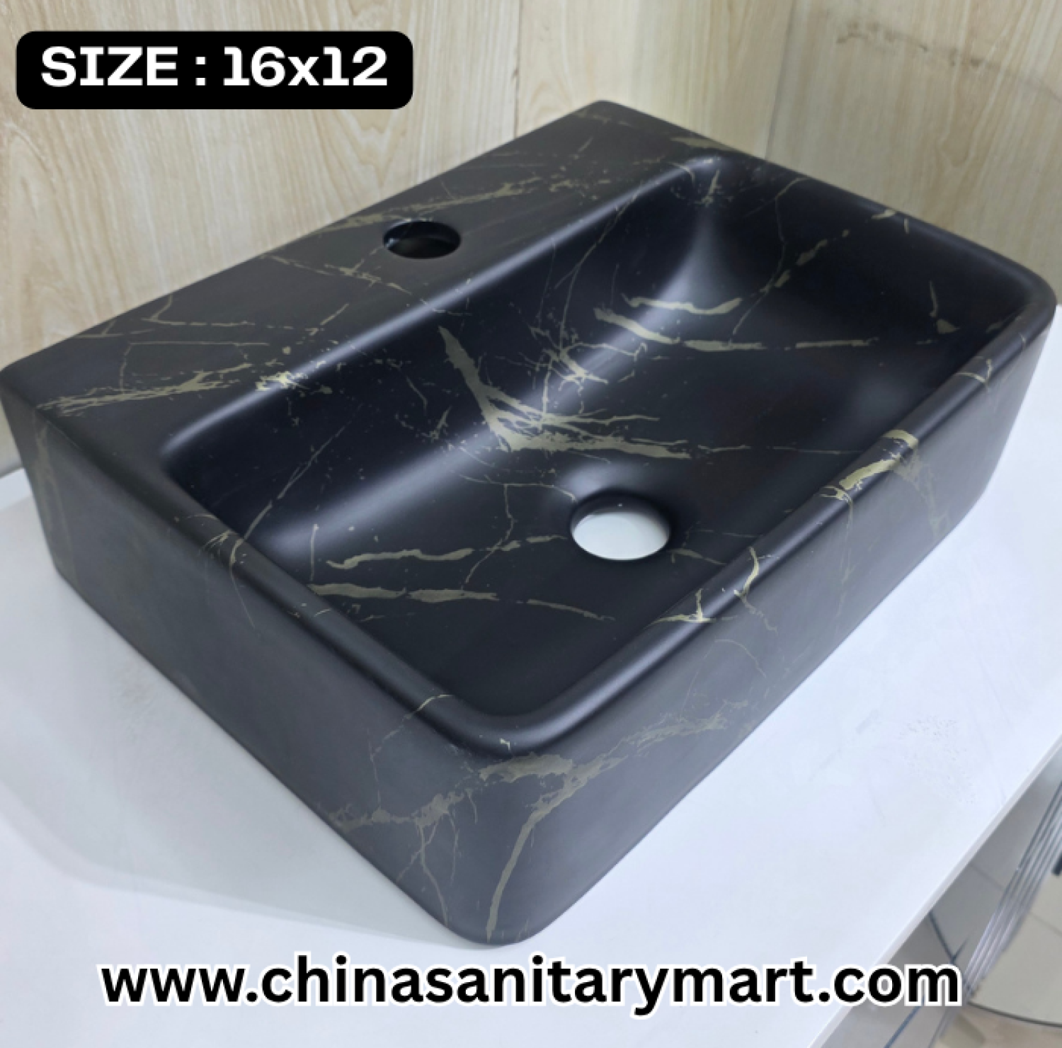Matte black basin, square art basin, 16x12 vessel basin, black and gold basin, modern vanity washbasin, designer square basin, luxury bathroom fixtures, premium art basin, contemporary vanity top, stylish black bathroom basin.