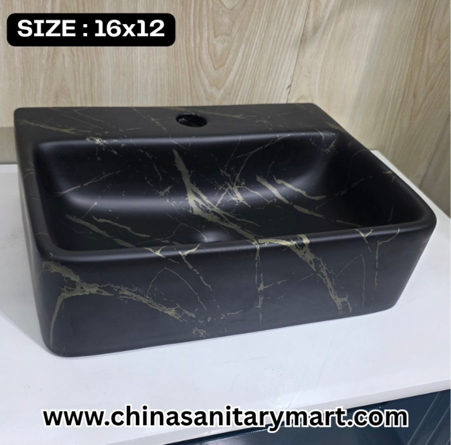 Matte black basin, square art basin, 16x12 vessel basin, black and gold basin, modern vanity washbasin, designer square basin, luxury bathroom fixtures, premium art basin, contemporary vanity top, stylish black bathroom basin.