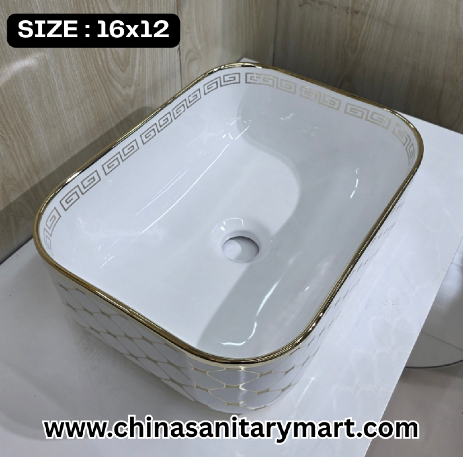 Golden pattern basin, 16x12 ceramic basin, luxury art basin, modern vessel basin, gold and white bathroom basin, square shape washbasin, high-end vanity basin, decorative bathroom fixtures, elegant powder room basin, designer ceramic washbasin.