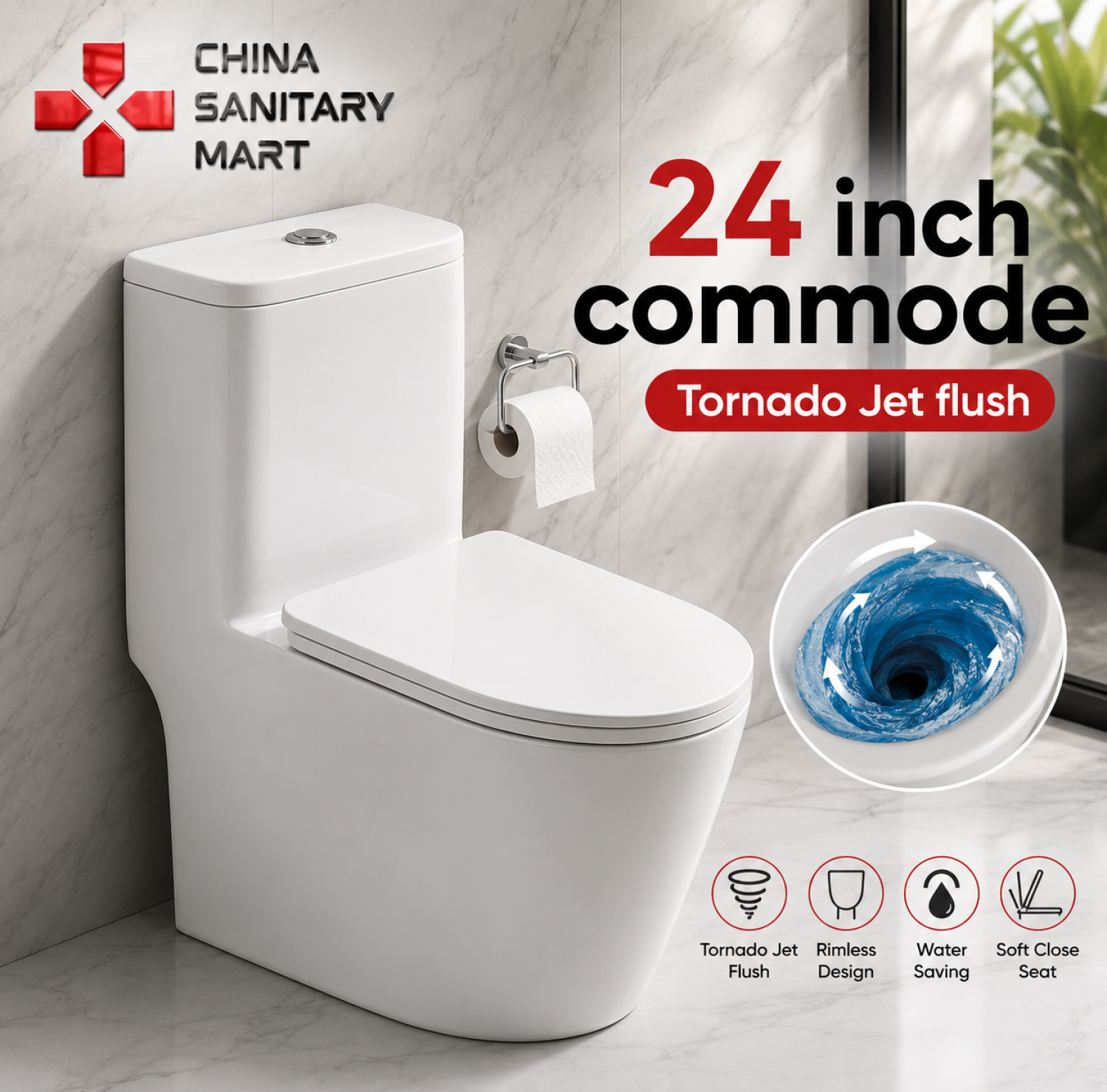 24 inch commode. jet tornado, rimless commode, commode, small commode