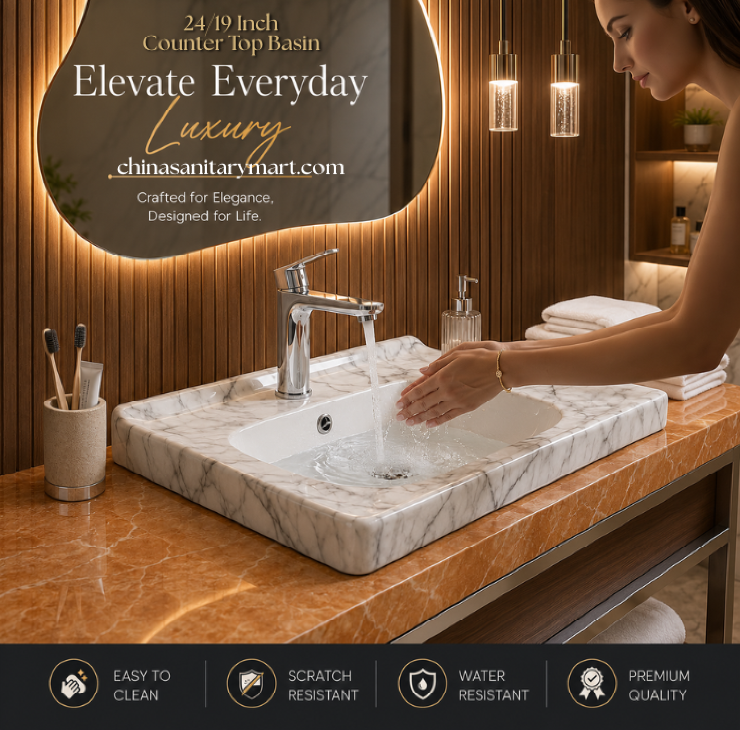 24/19 white marble counter top basin, white marble shed wash basin, ceramic counter top basin, luxury bathroom basin, premium ceramic wash basin, modern countertop basin, marble finish basin, China Sanitary Mart, Bangladesh