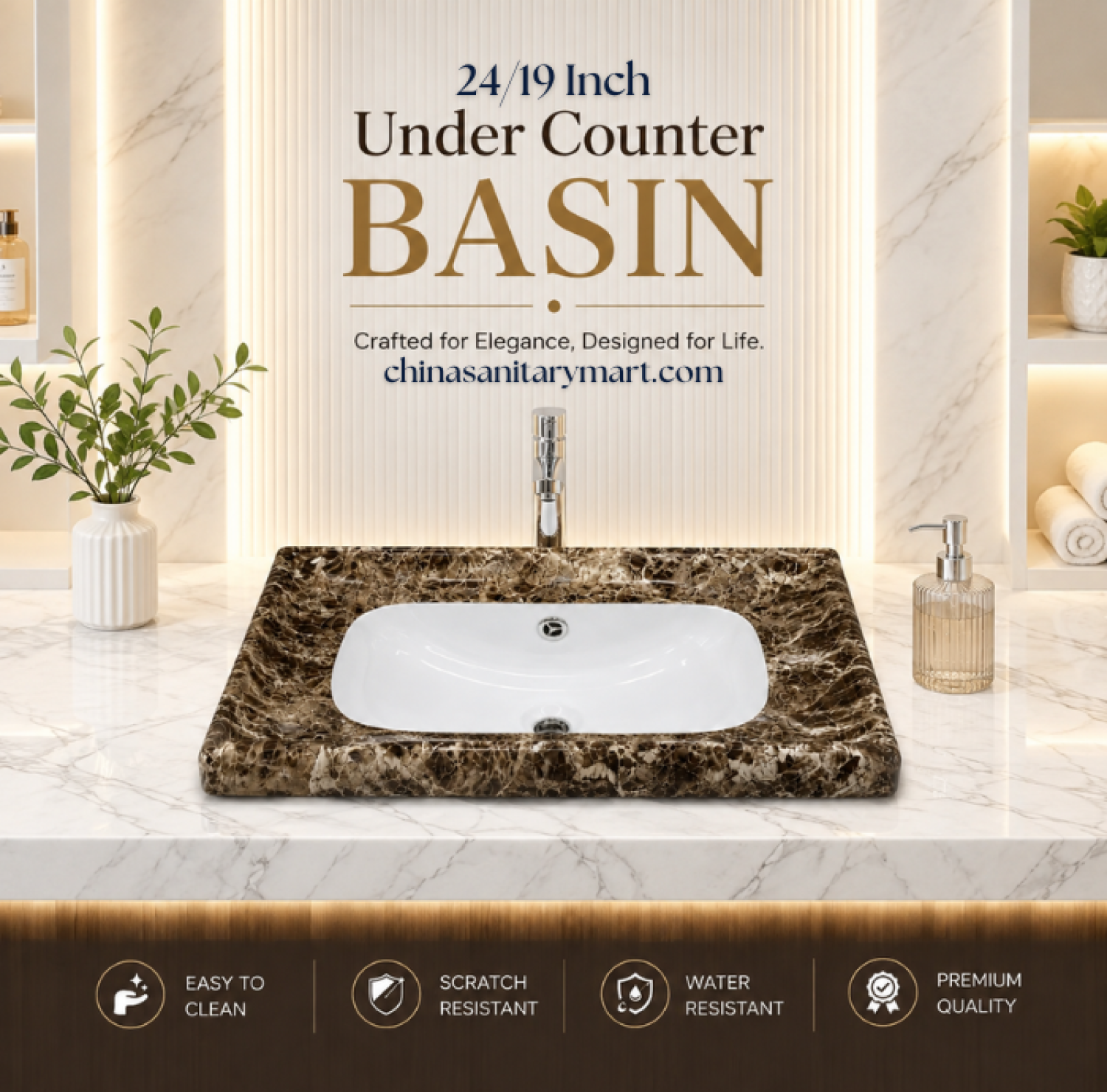24x19 void marble counter top basin, void marble shed wash basin, ceramic countertop basin, luxury void marble bathroom basin, premium ceramic wash basin, modern marble finish basin, bathroom sink Bangladesh, China Sanitary Mart