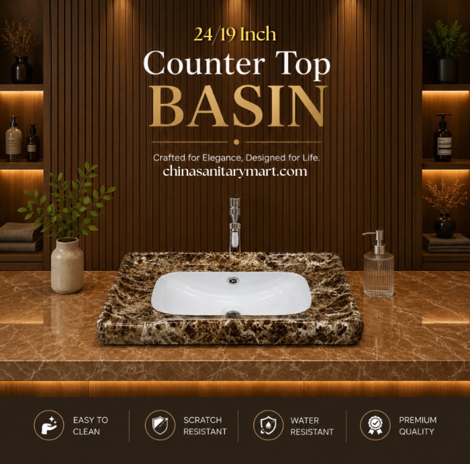 24x19 void marble counter top basin, void marble shed wash basin, ceramic countertop basin, luxury void marble bathroom basin, premium ceramic wash basin, modern marble finish basin, bathroom sink Bangladesh, China Sanitary Mart