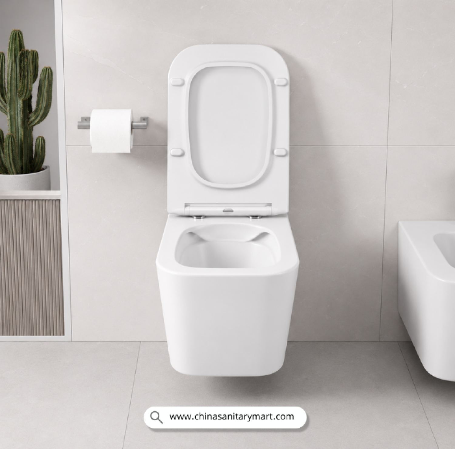 Italian Standard T103 SQ, white wall hung toilet, square toilet bowl, square wall mounted commode, luxury sanitary ware, premium ceramic toilet, China Sanitary Mart, space saving commode, modern bathroom fittings