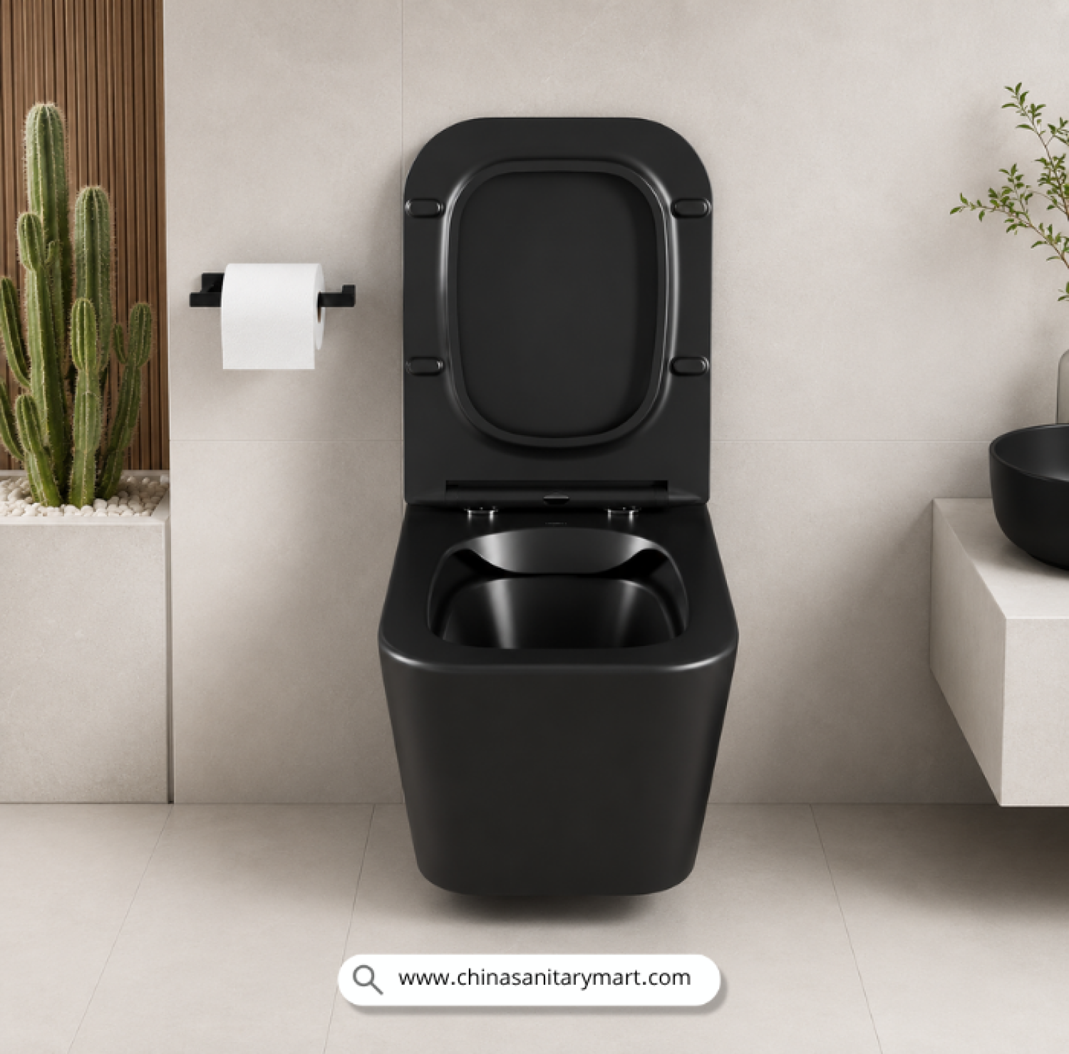 Italian Standard T103MB, matte black commode, black wall hung toilet, square wall mounted commode, black toilet bowl, luxury sanitary ware, premium ceramic toilet, China Sanitary Mart, space saving commode, modern bathroom fittings