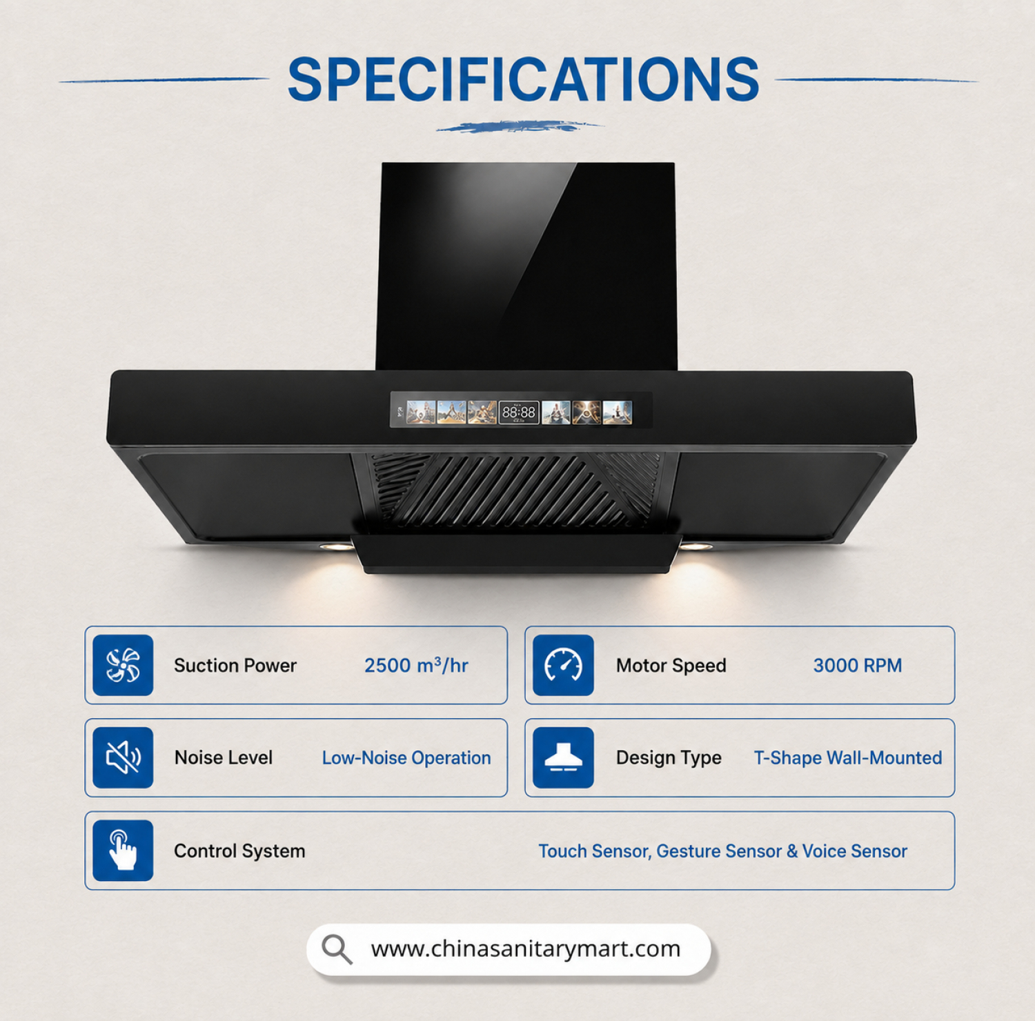 DORFEN DF-KH6A, 30 Inch T-Shape Kitchen Hood, Smart Kitchen Chimney BD, Compact Kitchen Hood, Touchless Kitchen Chimney, Dorfen Chimney Price in Bangladesh, Heavy Duty Exhaust Fan, China Sanitary Mart Kitchen Appliances, Baffle Filter Hood.