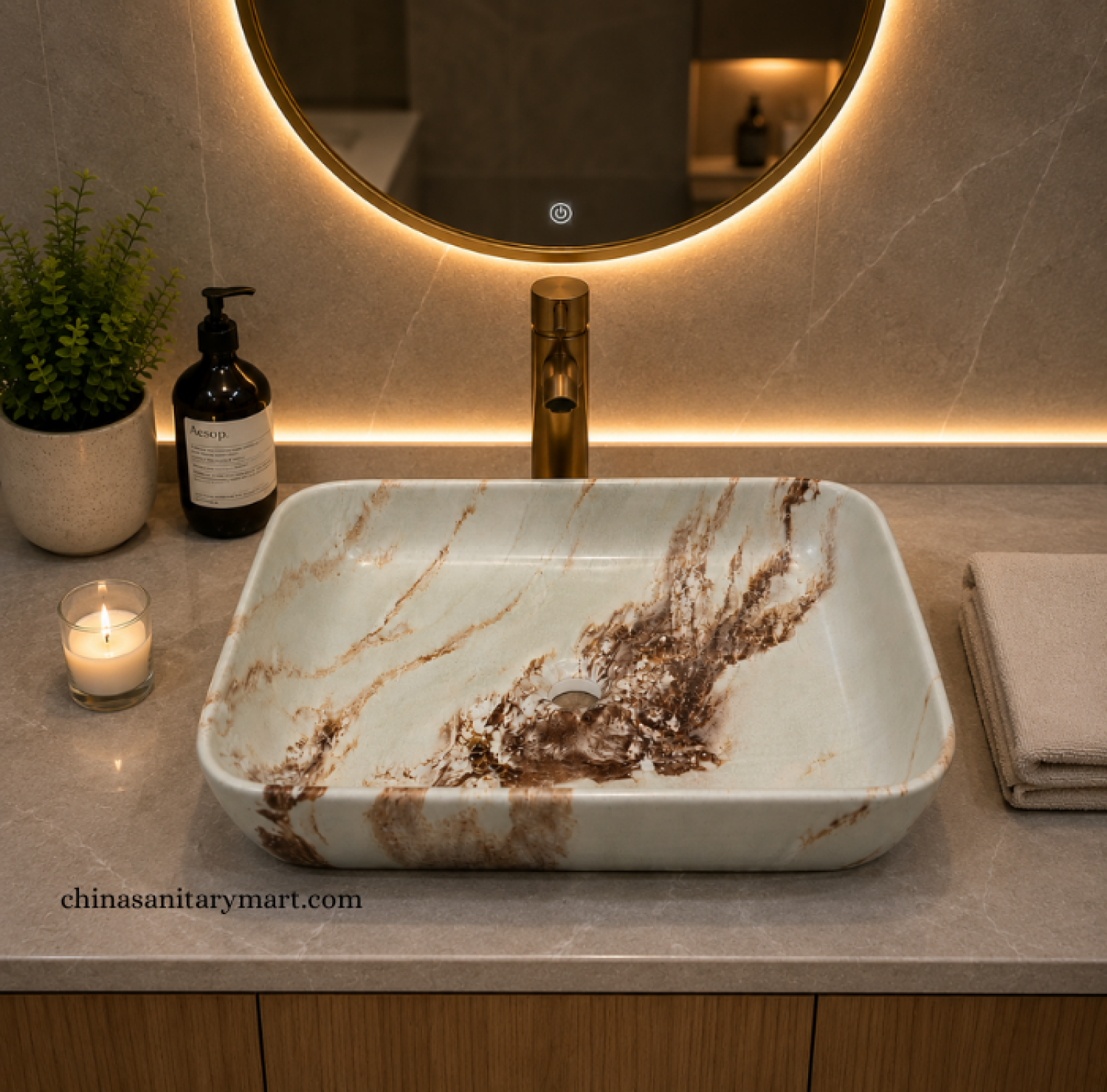 IS-A5014MA 15.5×20 Inch White Marble Shed Square Shape Top Basin with premium ceramic construction, elegant white marble finish