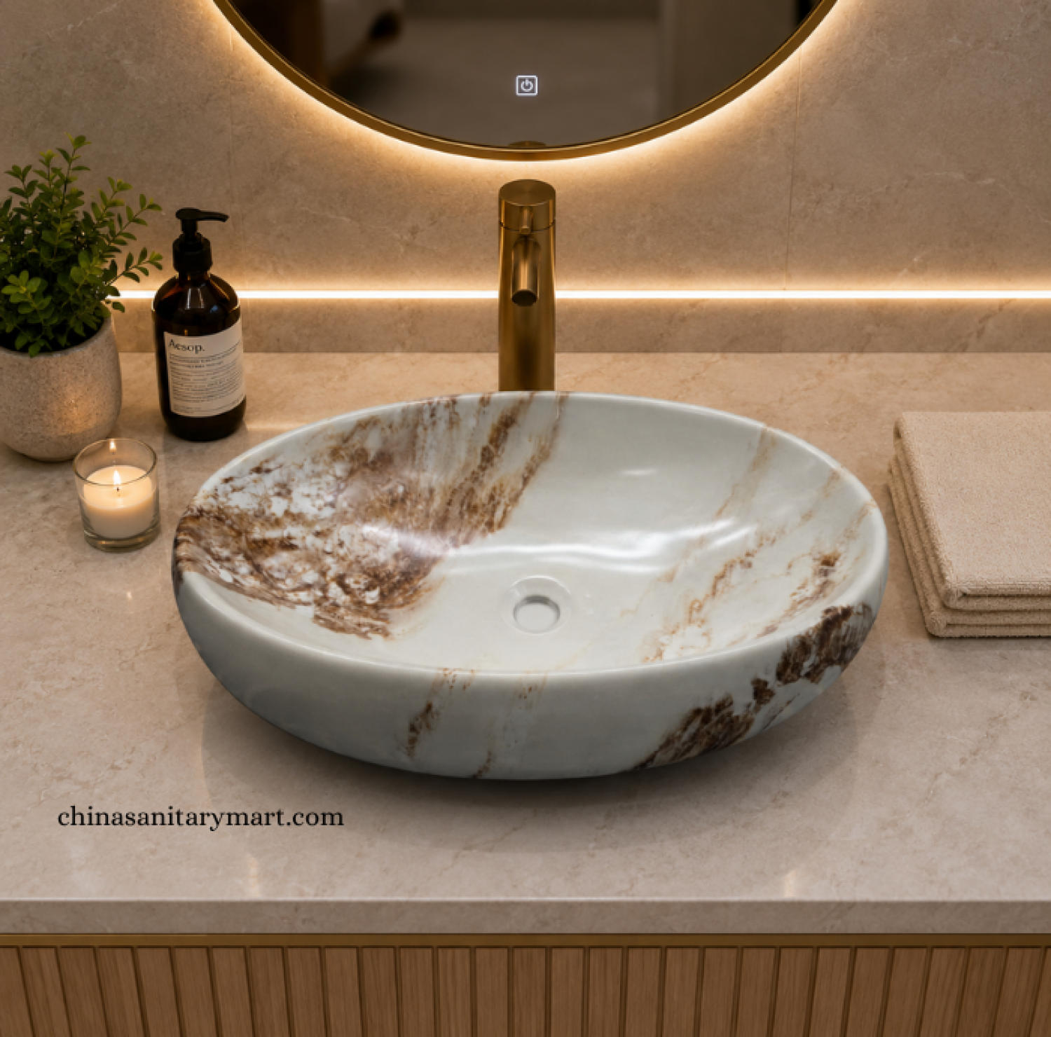 IS-A3352E 16×24 Inch White Marble Shed Oval Shape Top Basin with premium ceramic construction, elegant white marble finish
