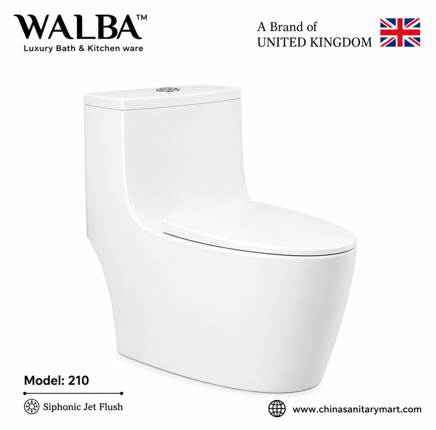 Walba Commode 210, Walba rimless one piece toilet, white siphonic jet flush commode, modern bathroom toilet, Walba 210 toilet