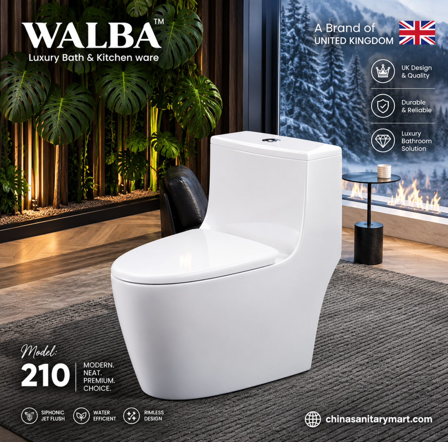 Walba Commode 210, Walba rimless one piece toilet, white siphonic jet flush commode, modern bathroom toilet, Walba 210 toilet