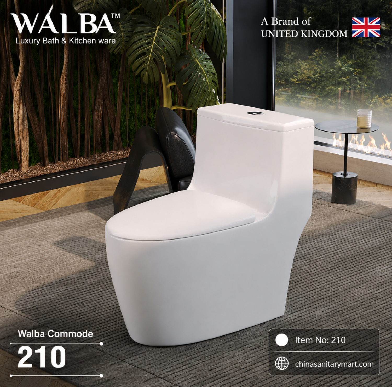 Walba Commode 210, Walba rimless one piece toilet, white siphonic jet flush commode, modern bathroom toilet, Walba 210 toilet