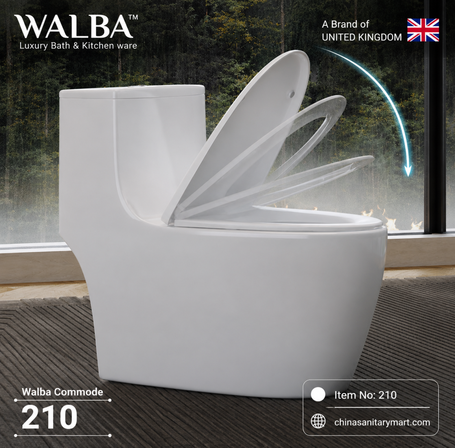 Walba Commode 210, Walba rimless one piece toilet, white siphonic jet flush commode, modern bathroom toilet, Walba 210 toilet