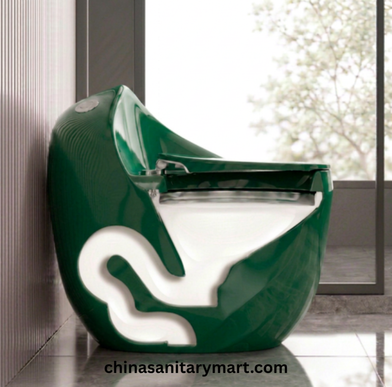 Peanut Commode bottle green, bottle green toilet, modern green commode, designer bathroom toilet, Peanut toilet 670x470x625mm