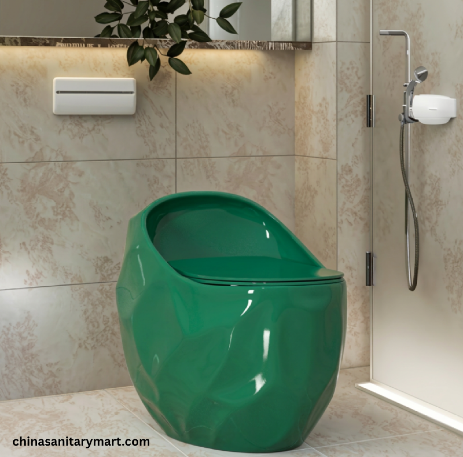 Peanut Commode bottle green, bottle green toilet, modern green commode, designer bathroom toilet, Peanut toilet 670x470x625mm