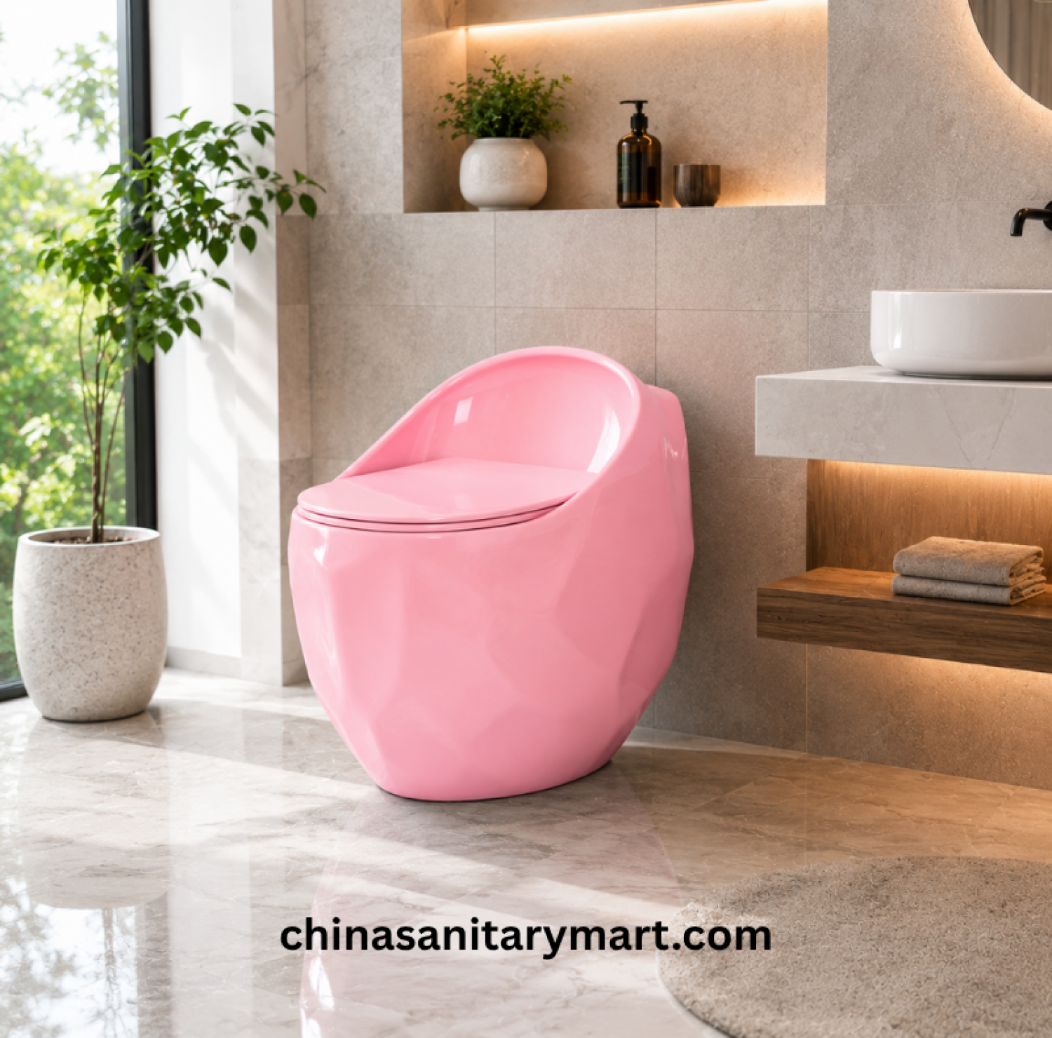 Peanut Commode Pink, Pink Peanut toilet, glossy pink commode, designer pink toilet, S Trap high commode, luxury pink toilet, 670x470x625mm Peanut commode