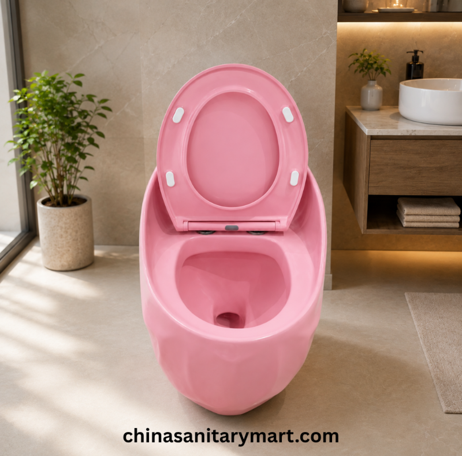 Peanut Commode Pink, Pink Peanut toilet, glossy pink commode, designer pink toilet, S Trap high commode, luxury pink toilet, 670x470x625mm Peanut commode