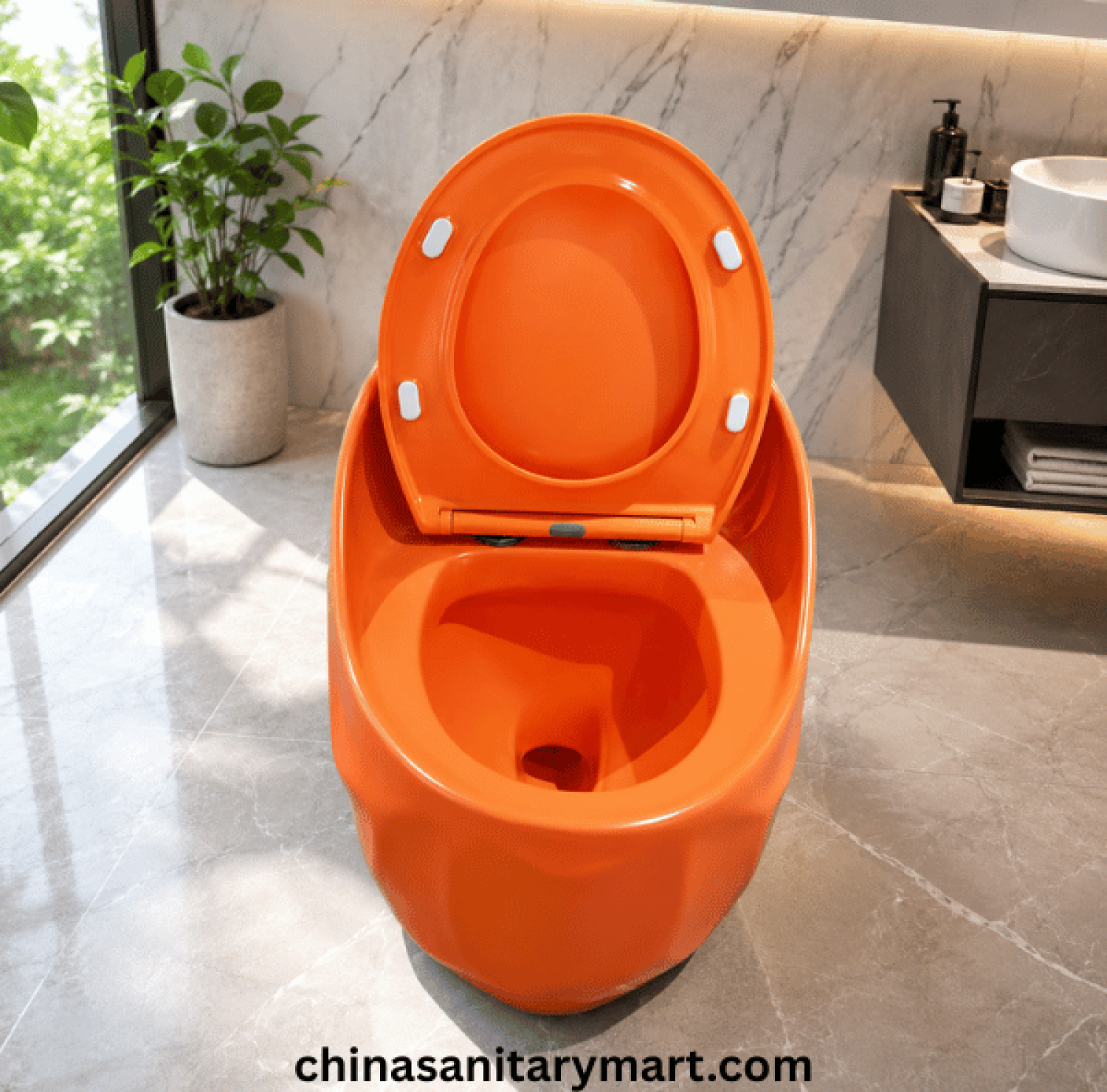 Peanut Commode Orange, Orange Peanut toilet, glossy orange commode, designer orange toilet, S Trap high commode, luxury orange toilet, 670x470x625mm Peanut commode