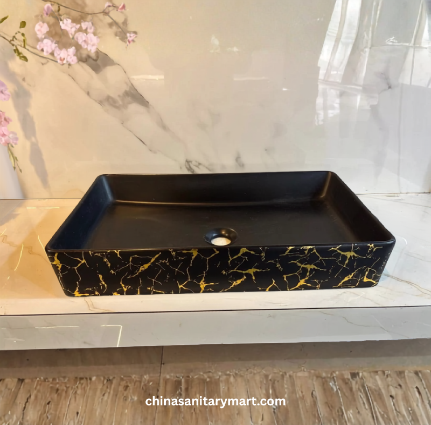 14x24 Top Basin, 14 24 Inch Basin, Golden Shock Pattern Basin, Black Top Basin, Black Gold Basin, Rectangle Top Basin, Designer Basin, Luxury Bathroom Basin, Countertop Basin, Golden Pattern Wash Basin