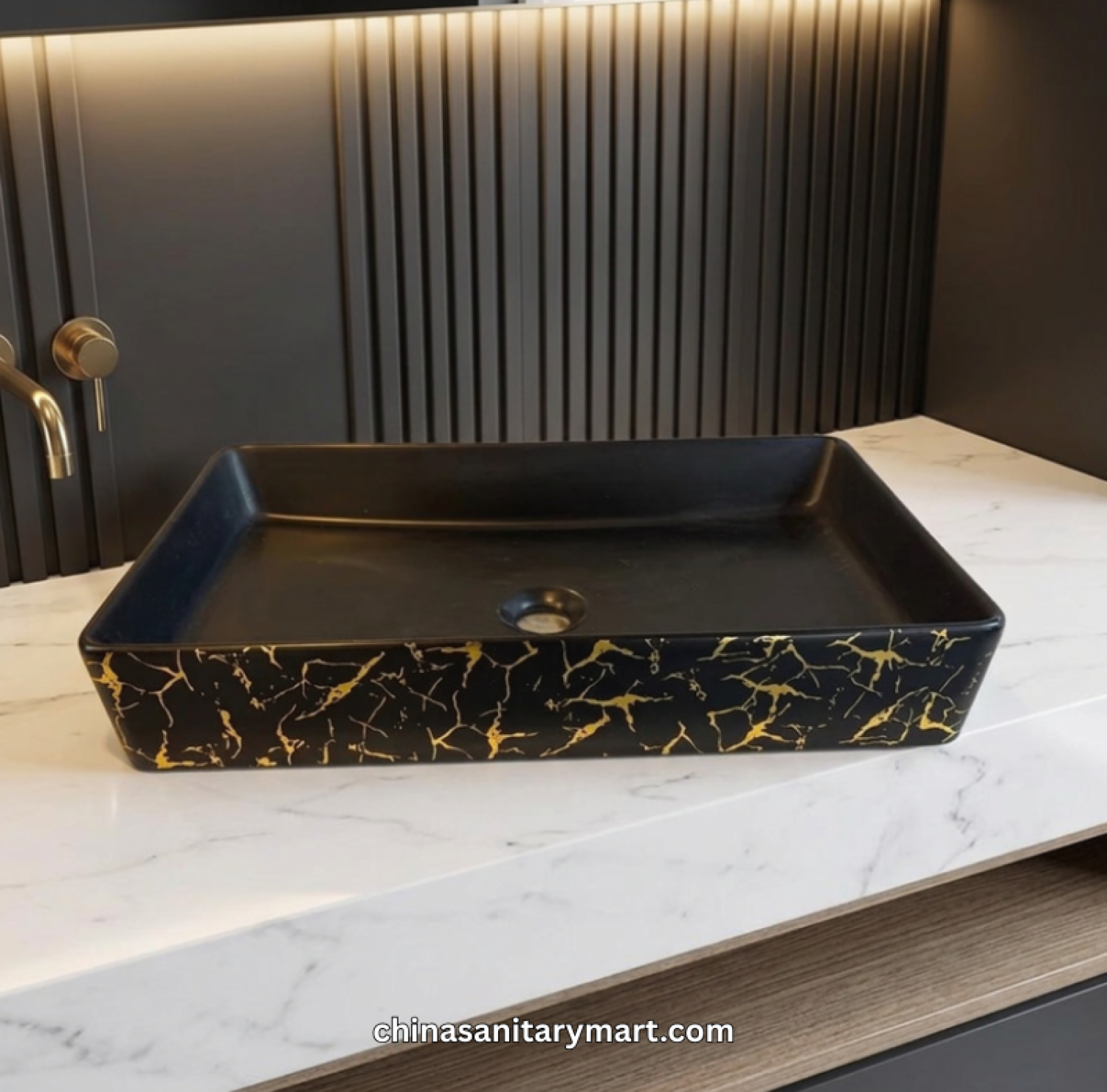 14x24 Top Basin, 14 24 Inch Basin, Golden Shock Pattern Basin, Black Top Basin, Black Gold Basin, Rectangle Top Basin, Designer Basin, Luxury Bathroom Basin, Countertop Basin, Golden Pattern Wash Basin