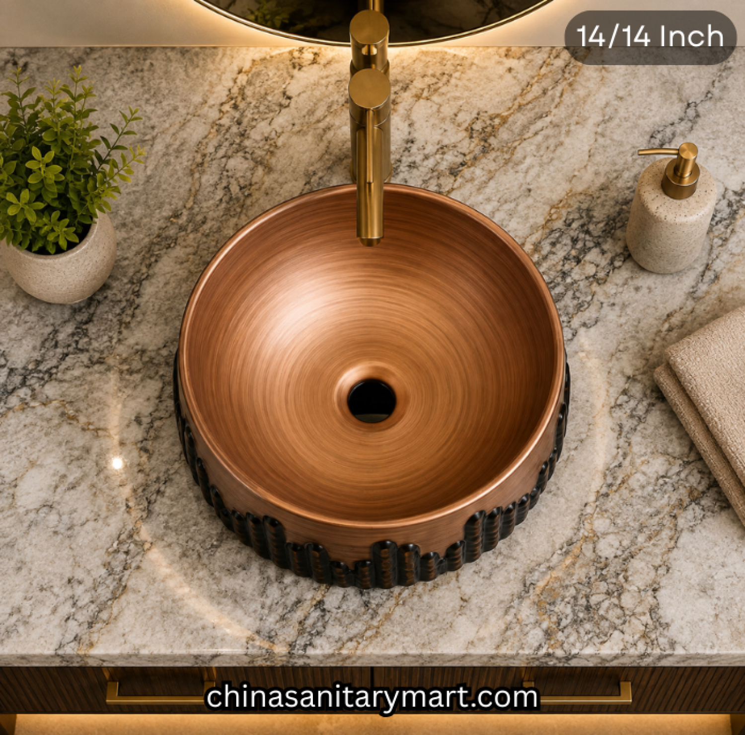 14x14 inch round RG luxury top basin, rose gold round basin, designer countertop basin, luxury bathroom basin, rose gold top mount basin
