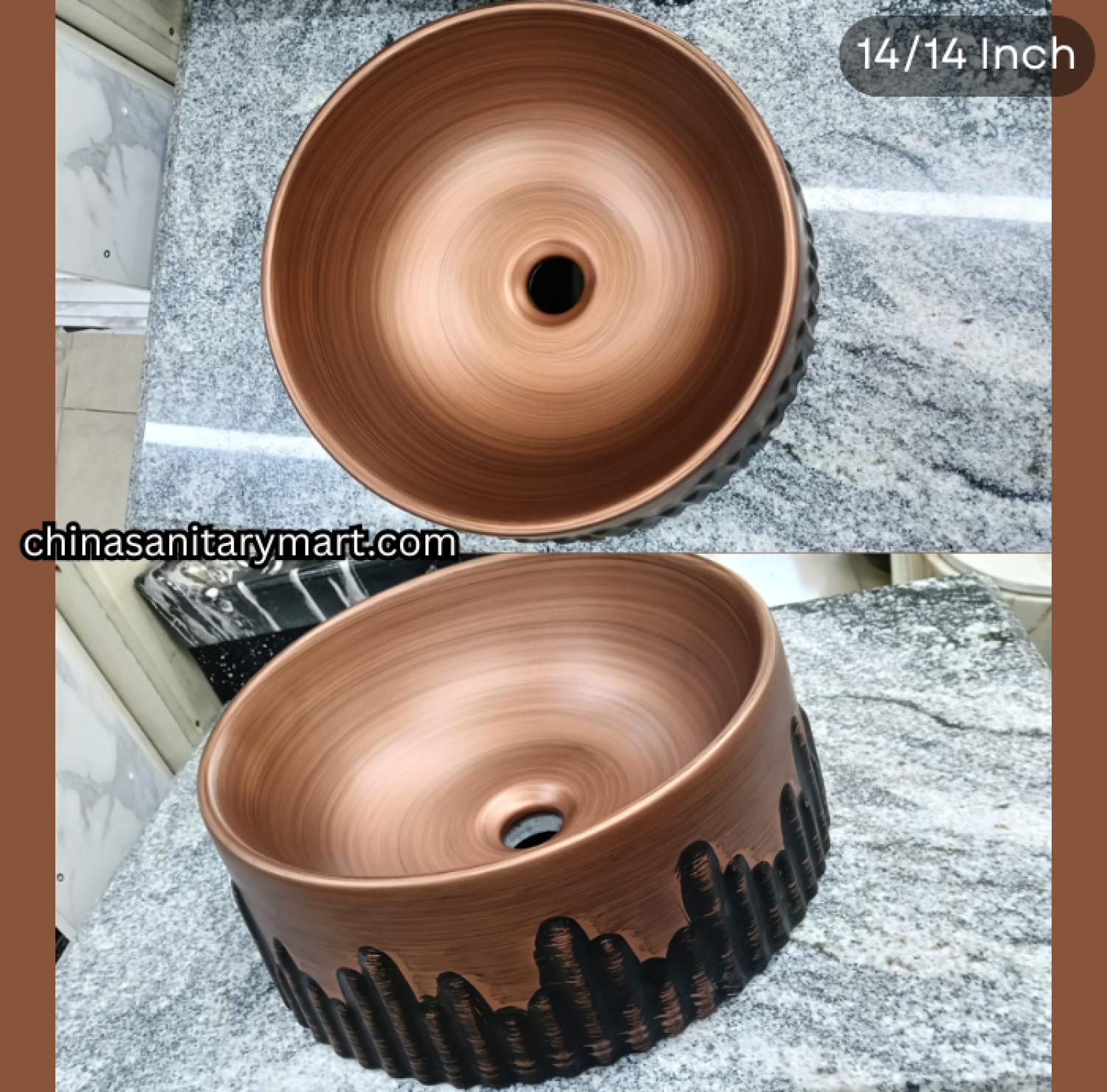 14x14 inch round RG luxury top basin, rose gold round basin, designer countertop basin, luxury bathroom basin, rose gold top mount basin