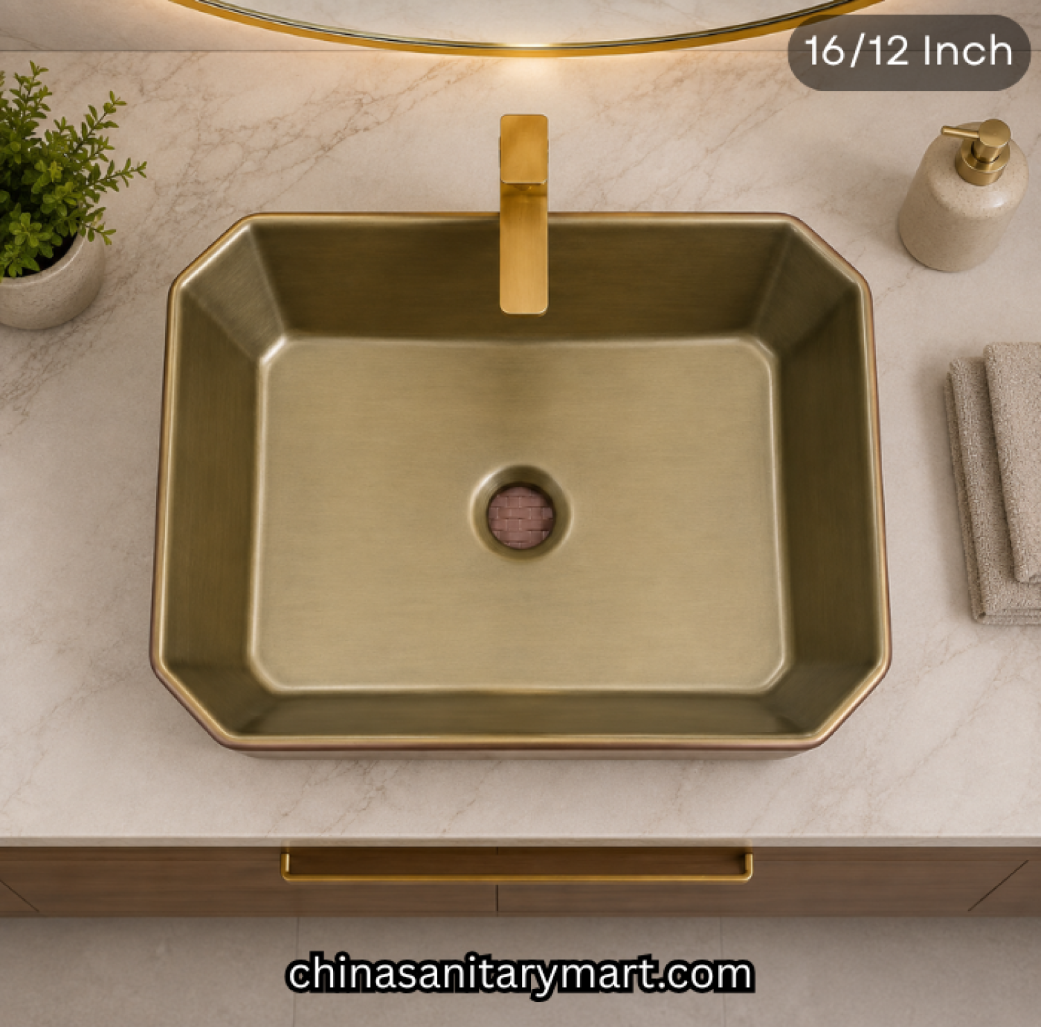 16x12 inch antique rose gold top basin, brushed gold interior basin, rose golden rectangle basin, luxury countertop basin, designer bathroom basin