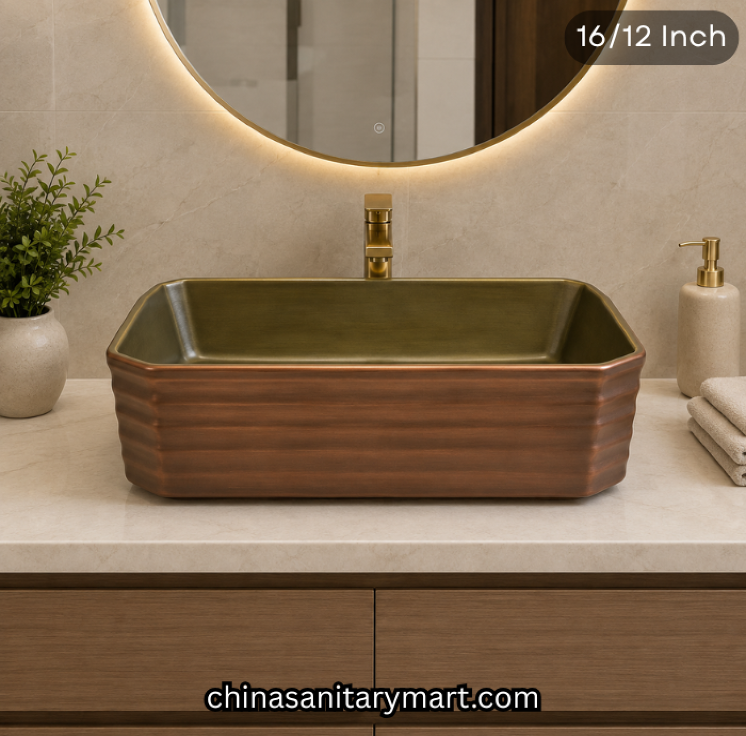 16x12 inch antique rose gold top basin, brushed gold interior basin, rose golden rectangle basin, luxury countertop basin, designer bathroom basin