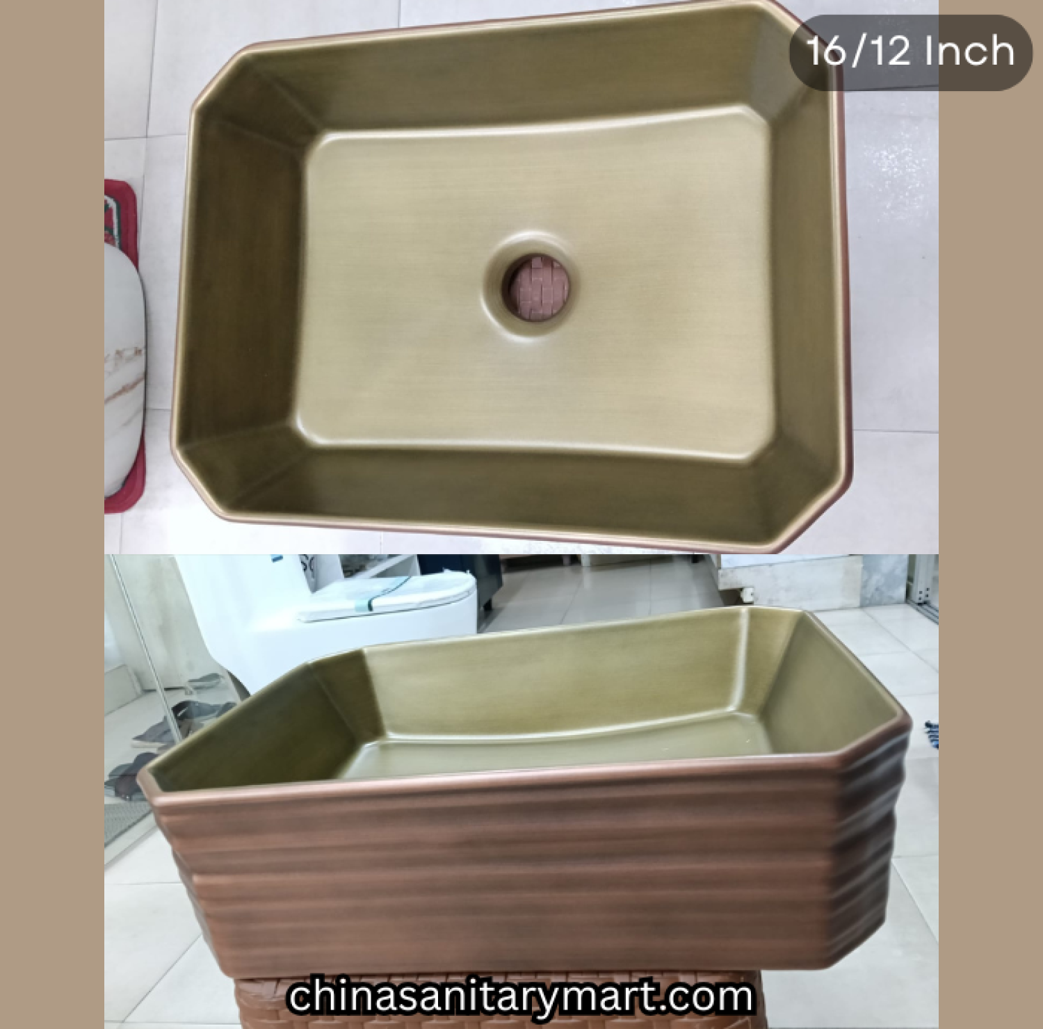 16x12 inch antique rose gold top basin, brushed gold interior basin, rose golden rectangle basin, luxury countertop basin, designer bathroom basin