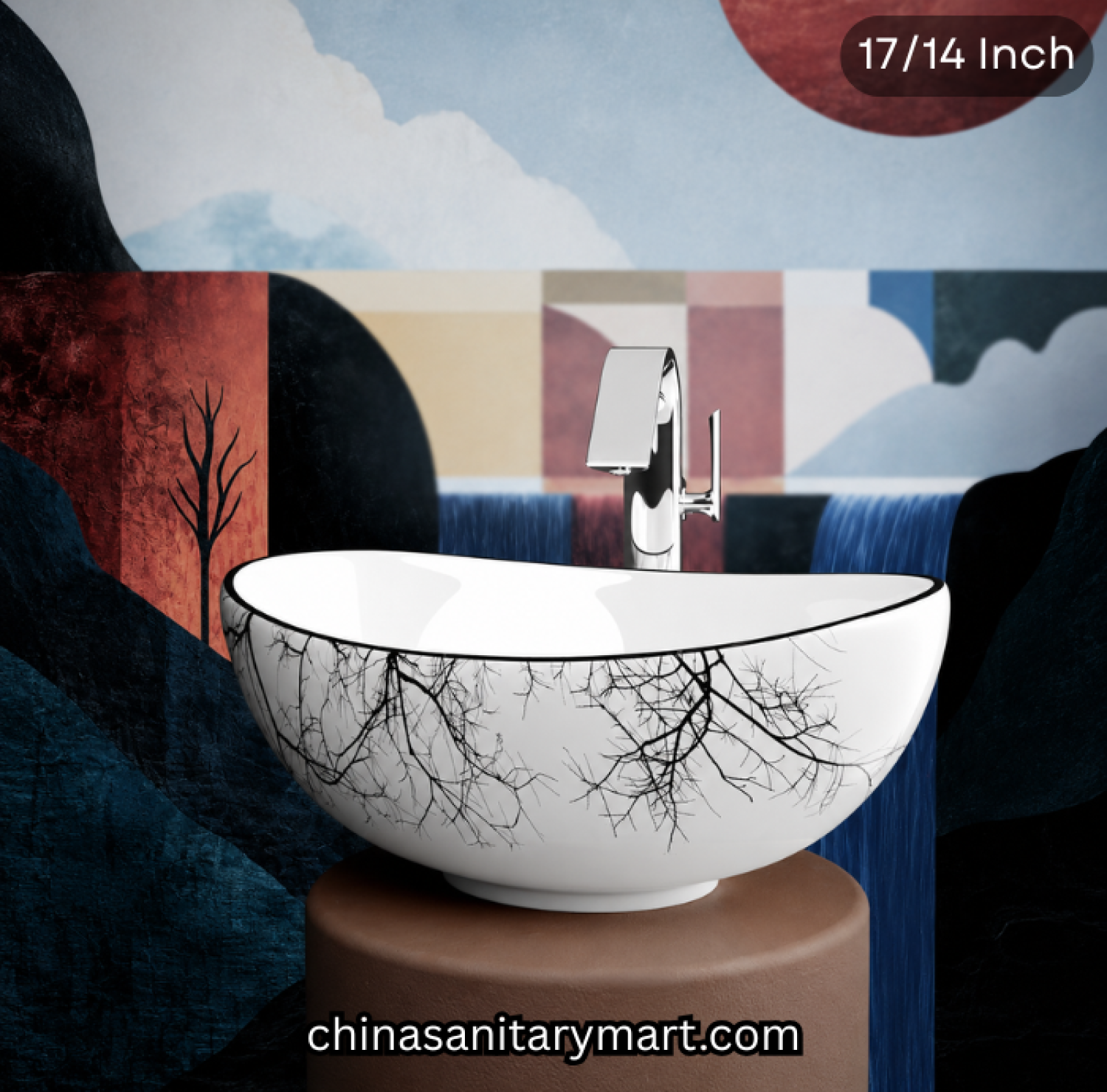 17x14 inch shell bowl top basin, white designer basin, black branch pattern basin, shell shape countertop basin, luxury ceramic top basin