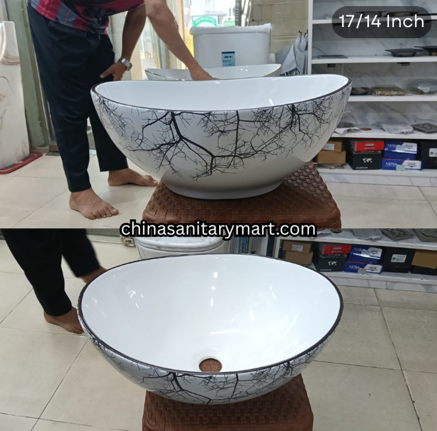 17x14 inch shell bowl top basin, white designer basin, black branch pattern basin, shell shape countertop basin, luxury ceramic top basin