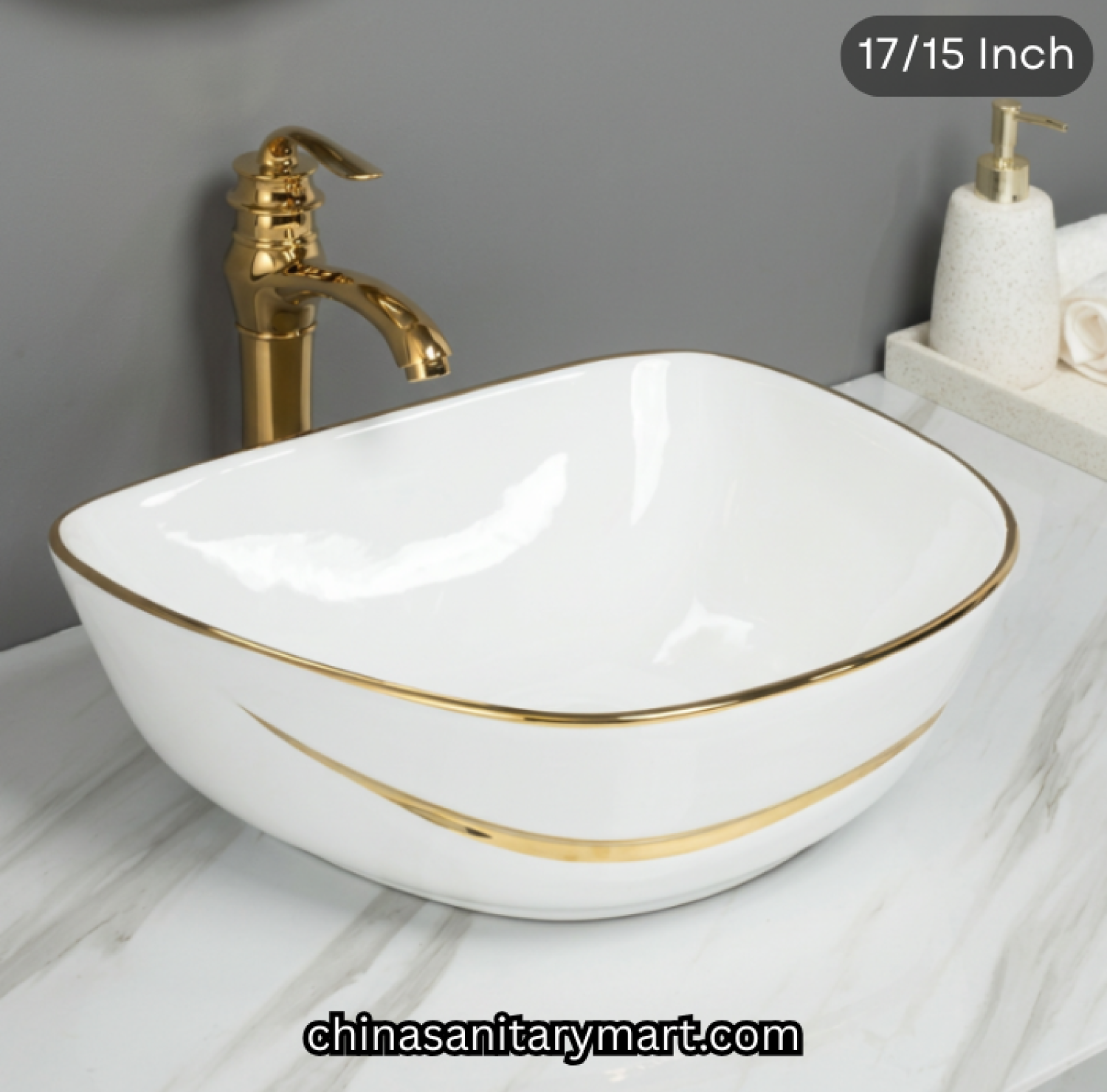 17x15 inch white golden line top basin, FT white gold basin, luxury designer countertop basin, white ceramic gold rim basin, golden line top basin